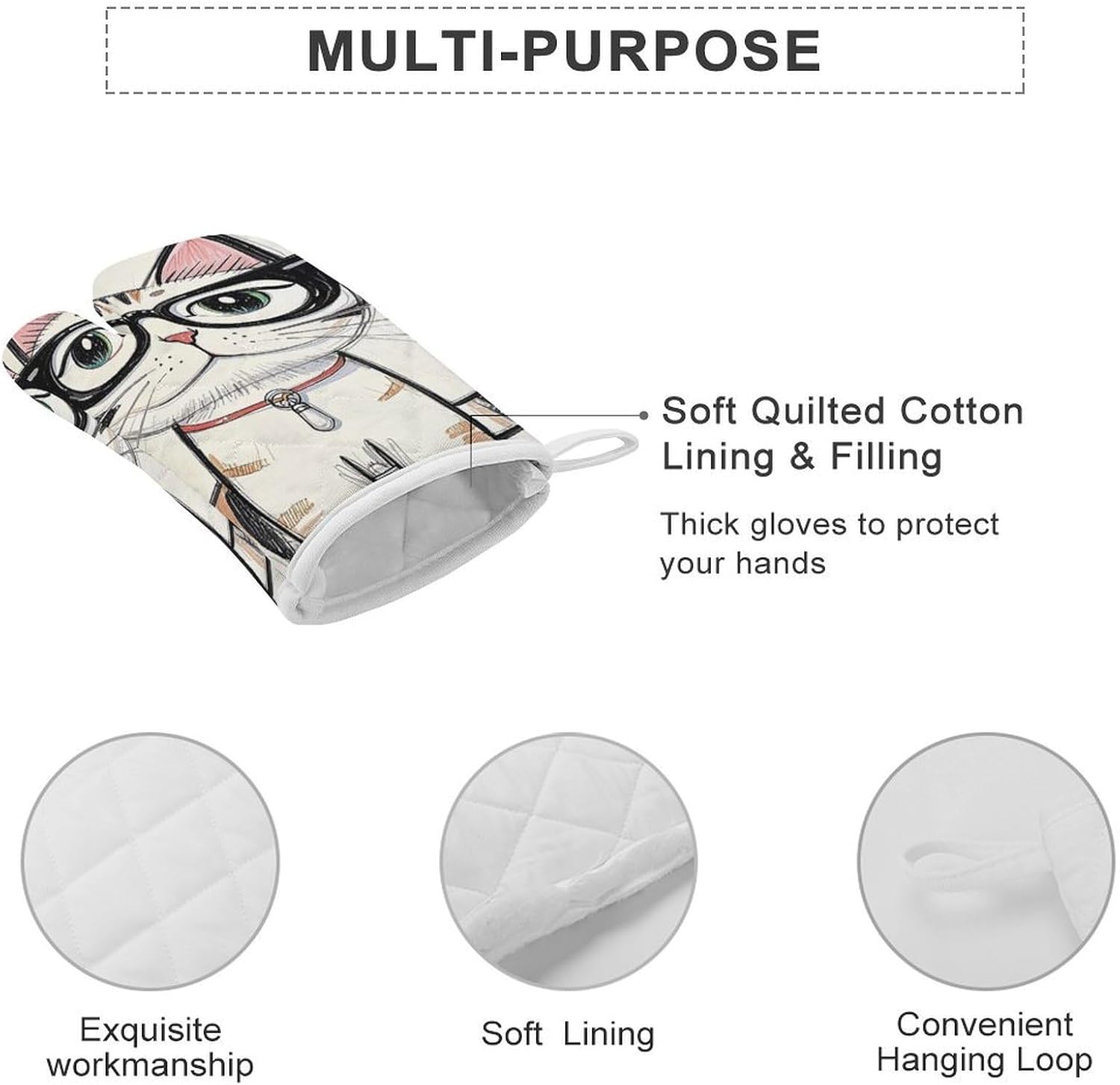 2 Pcs Oven Mitts Heat Resistant Kitchen Gloves Soft Safety Design Hipster Cat Kitten Glasses Oven Glove for Microwave, Barbecue