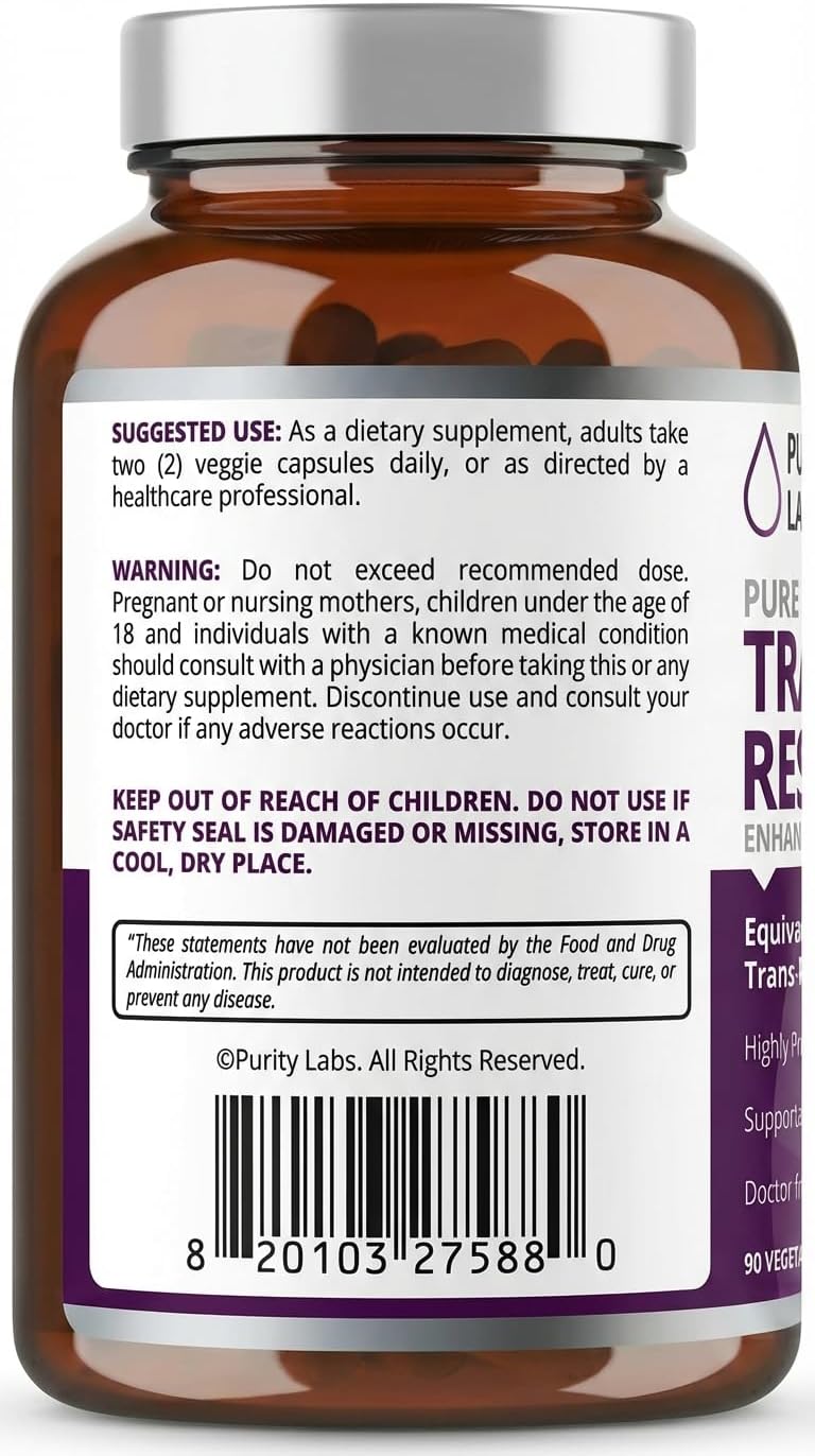 Purity Labs Trans-Resveratrol Supplement 5,000 mg Equivalent per Serving with Quercetin, USDA Organic High Potency Antioxidant, Vegan Capsules, 90 Count