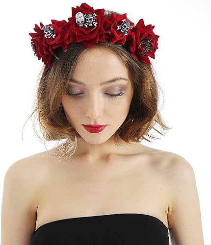 Vista 4 de ITODA Diadema de calavera de flores rojas, araña, Halloween, gótico, mexicano, día de muerto, tiara, cosplay, disfraz, guirnalda, fiesta, corona