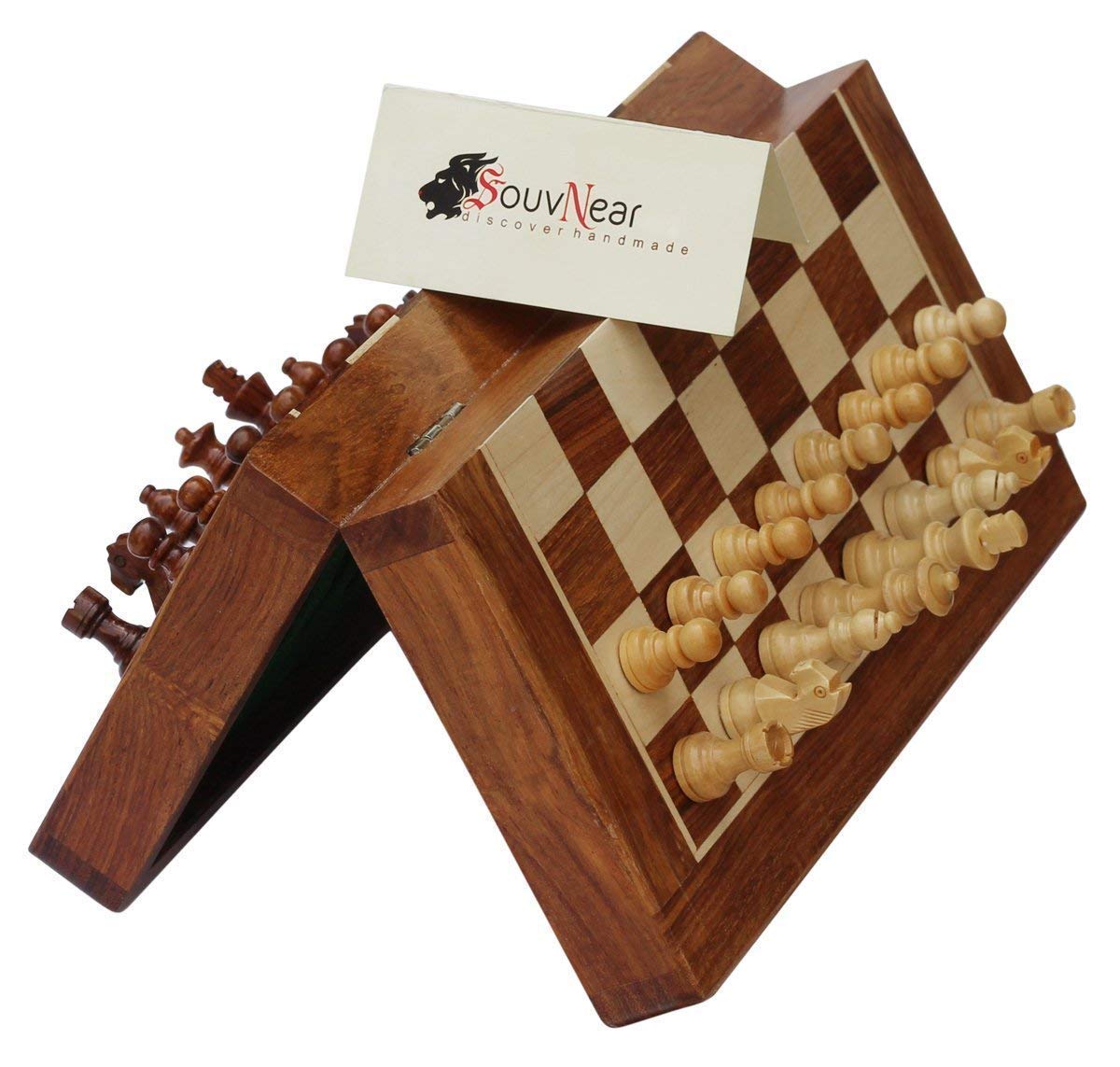 SouvNear Classic 10 Inch Ultimate Wood Magnetic Travel Chess Set with Staunton Chess Pieces and a Folding Storage Game Board