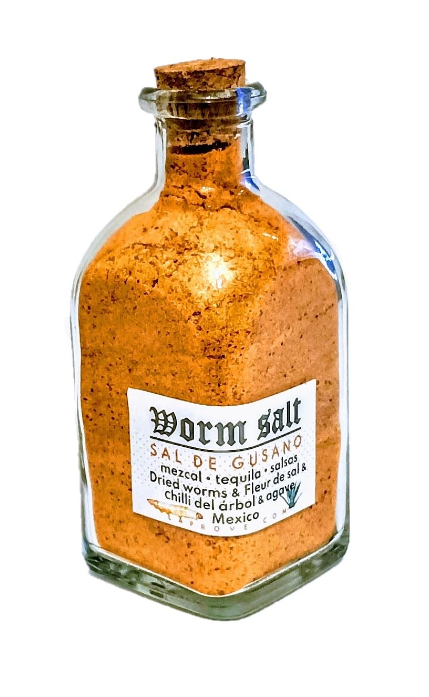 Sale messicano di vermi secchi (150 g) in flacone di vetro per mezcal, tequila e salse.