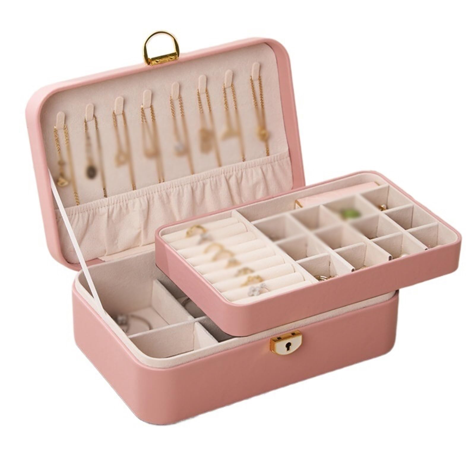 Shihan-2015 Jewelry Organizer Large Capacity Leather Jewelry Storage Box Multi-layered Case For Ring Necklace Earring Bracelet Jewelry Storage Case(Pink)