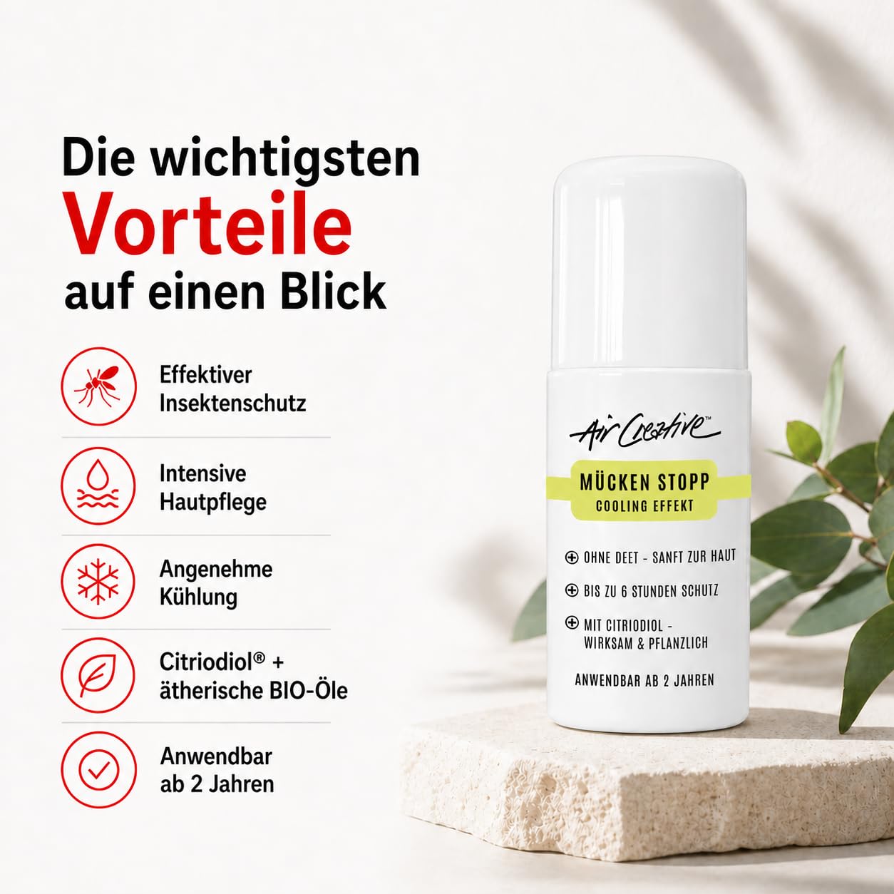Mückenschutz Roll-On für Familie & Kinder ab 2 Jahren – Natürlicher Mückenspray Ersatz mit Citriodiol® & BIO-Ölen – DEET-frei – 6 Stunden Schutz & Cooling-Effekt – 60 ml