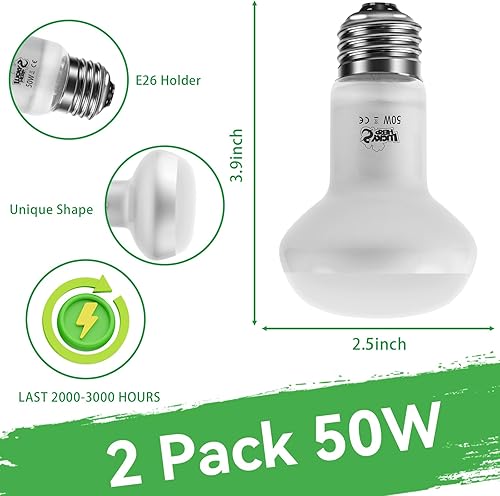 Miniatura 5 de LUCKY HERP Paquete de 2 bombillas de calor para reptiles de 50 W, bombilla de reptil UVA intensa, luz diurna de reptil, bombilla de calor para