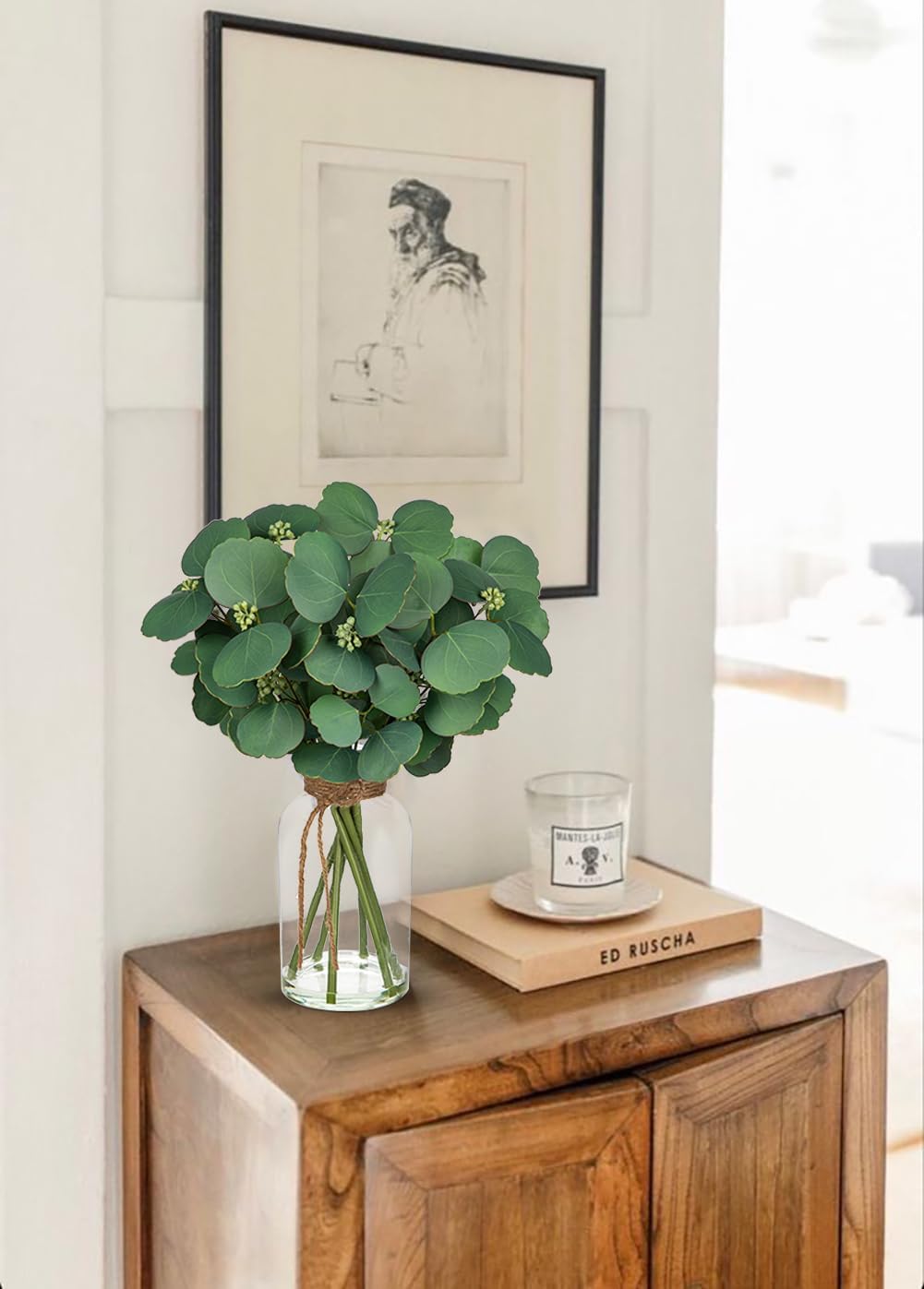 Fake Real-Touch Eucalyptus in Glass Vase with Faux Water – Realistic Faux Greenery Decor, 15.4" Tall, Artificial Silver Dollar Eucalyptus Arrangement for Home, Farmhouse, Kitchen, Bathroom, Office