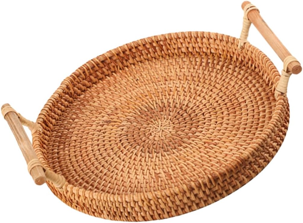 TOYANDONA Handmade Vine Woven round Fruit Plate and Bread Organizer, Natural Rattan Food Basket for Kitchen Storage and Dining Table Display