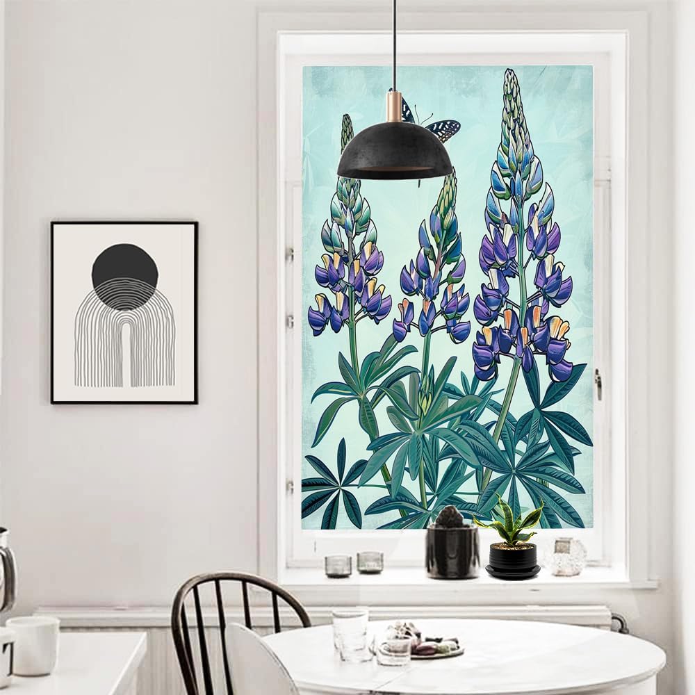 Colorful Flowers Butterflies Stained Glass Window Film Garden Plants Landscape Privacy Window Film Glass Door Covering Self-Adhesive Window Stickers for Bathroom Kitchen 31.5Wx55.1L inch