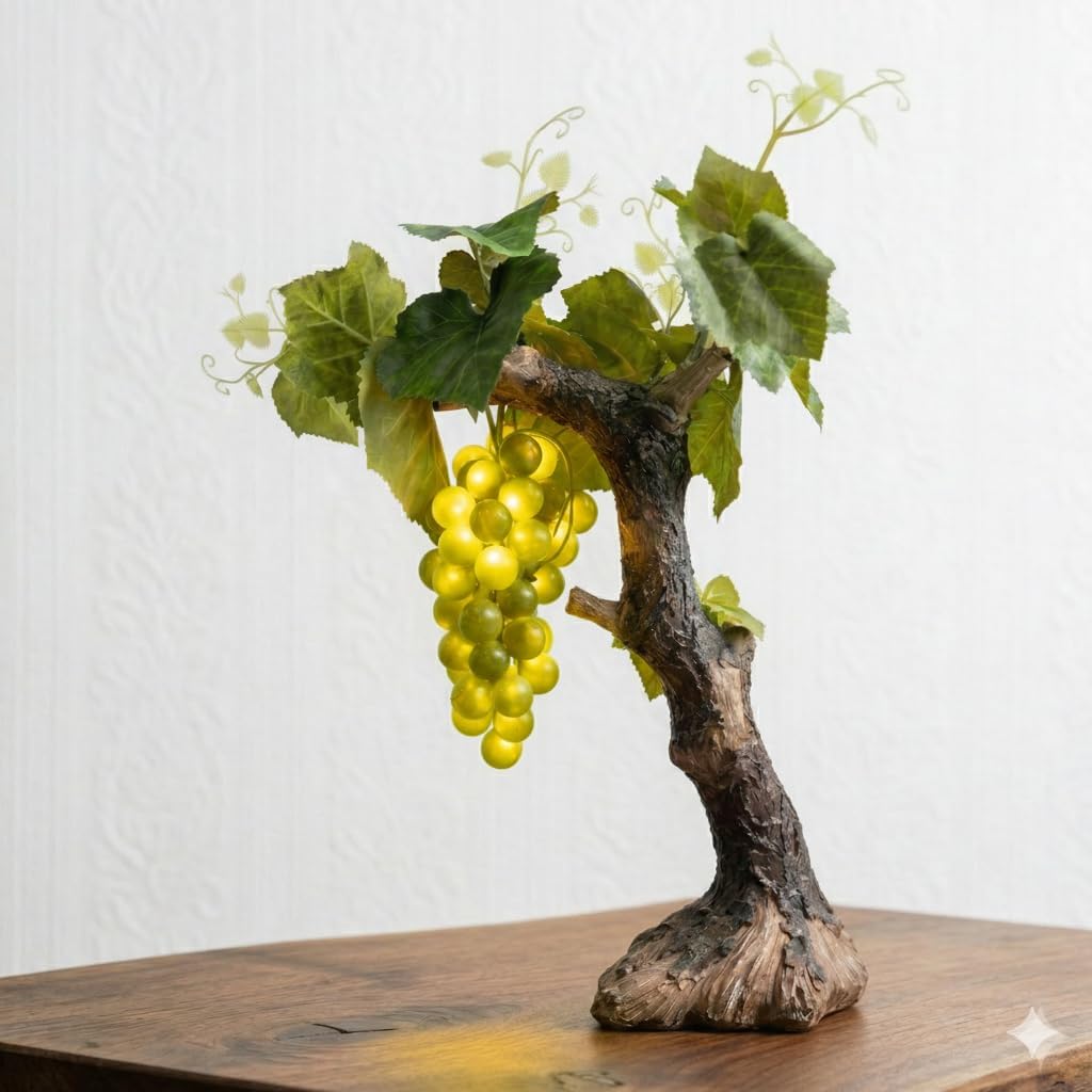 Hogni Realistic Artificial Green Grape Lamp, Vintage Faux Fruit Vines Decor with Rustic Resin Trunk, Soft Warm LED Decoration for Home Kitchen Bar & Table Centerpieces, Unique Gifts for Wine Lovers