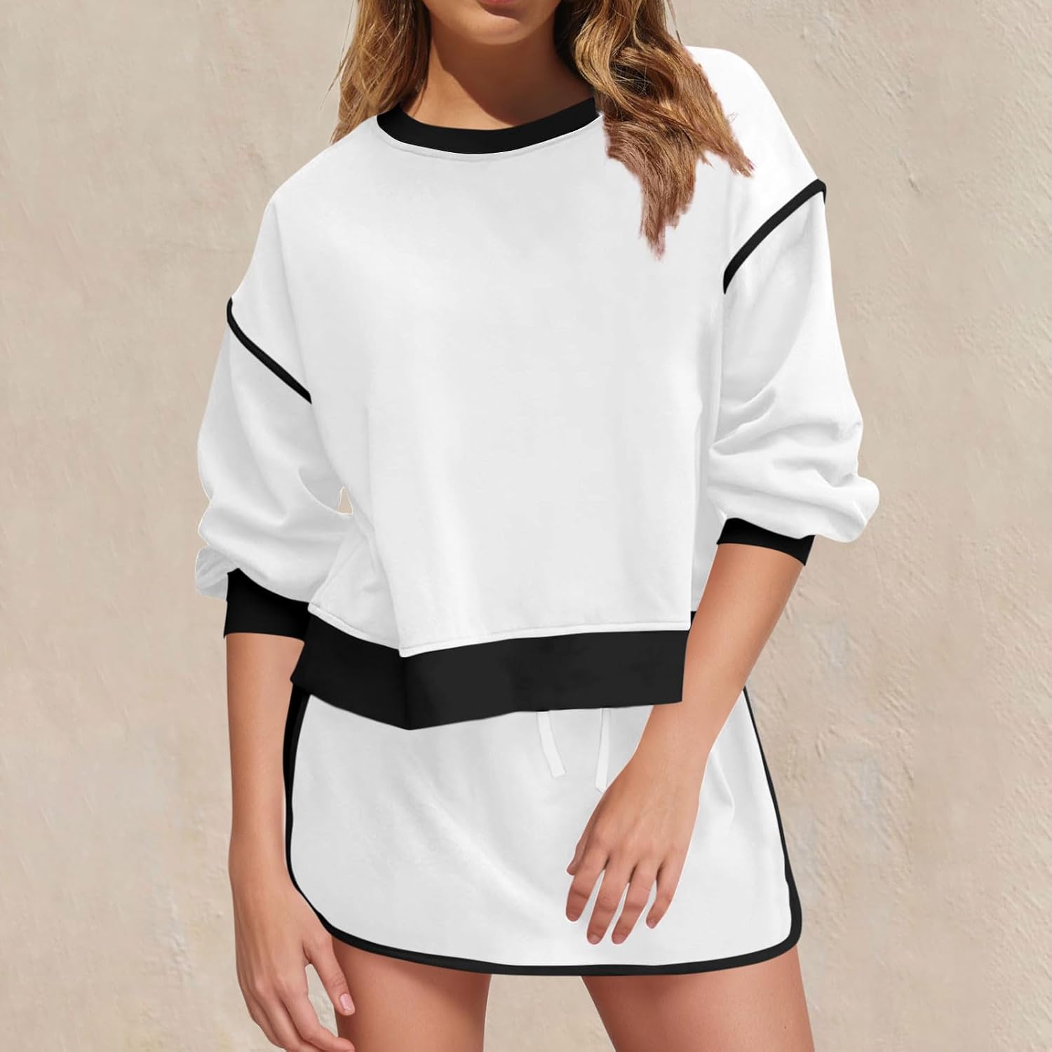 JOAU Womens Sweatsuits 2 Piece Outfits Crewneck Sweatshirts High Waisted Skort Skirts Tennis Running Tracksuits Shorts Sets