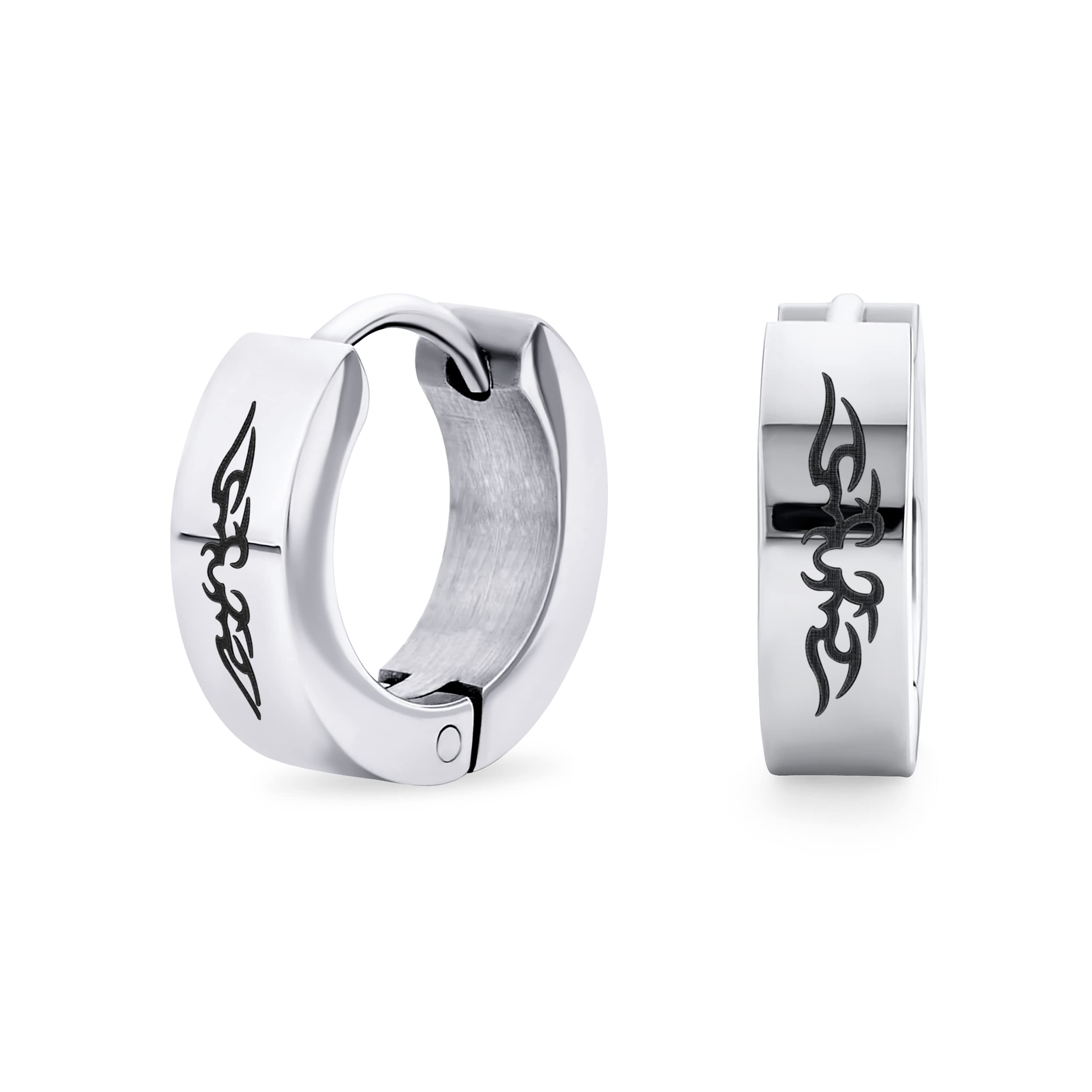 Biker Jewelry Small Laser Etched Cross Dragon Light Bolt Stars Eagle Skulls Lizard Greek Key Hoop Kpop Huggie Earrings For Men Women Teen Black IP Silver Gold Tone Plated Stainless Steel .50 Inch