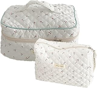 2pcs Aesthetic Floral Makeup Pouch, Quilted Makeup Bag, Fabric Makeup Bag, Floral Cosmetic Bag Aesthetic Floral Makeup Bag, Ladies Girl Multifunction Storage Bag Cotton Kawaii Makeup Bag For Women B14