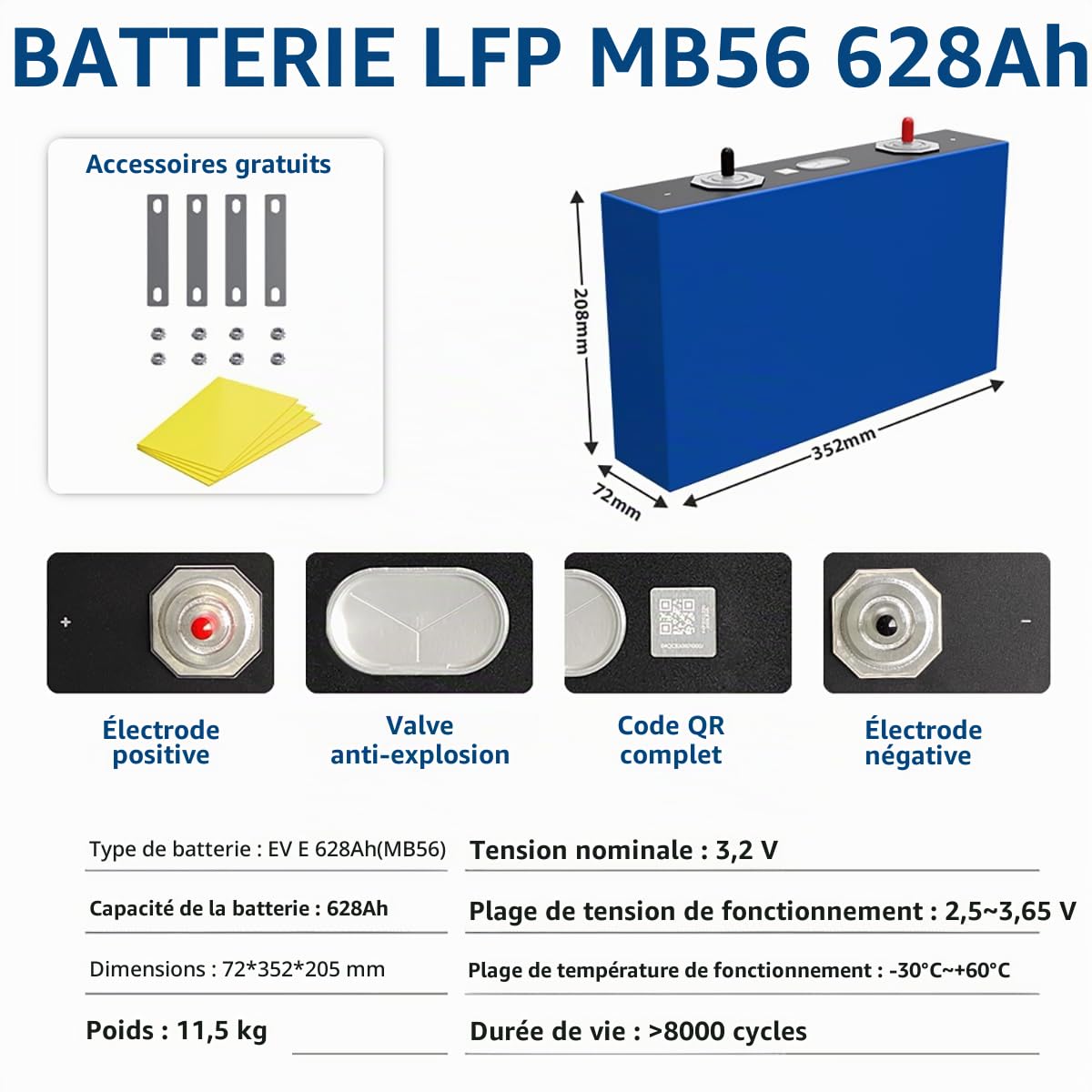 EVE MB56 3,2V 628Ah cellules LiFePO4 (pack de 2) – Batterie lithium-fer-phosphate à cycle profond EVE, alimentation pour camping-cars, bateaux, véhicules de golf, moteurs, onduleurs et systèmes