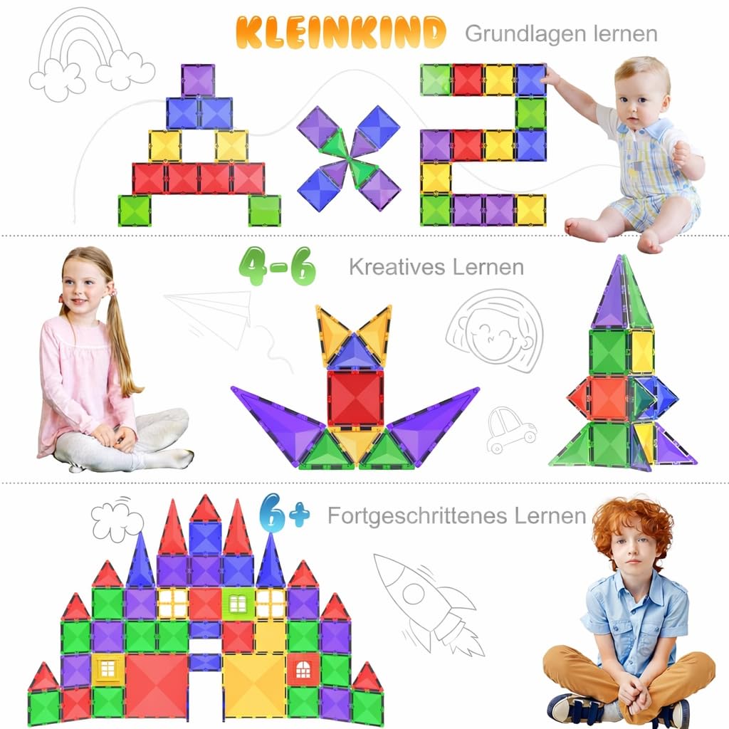 Magnetische Kachel-Bausteine Spielzeug – STEM Pädagogische Magnetblöcke für Kinder, Kreatives Vorschul-Lernen Sensorik Montessori Magnetspielzeug für Jungen & Mädchen ab 3 Jahren – 57 Stück