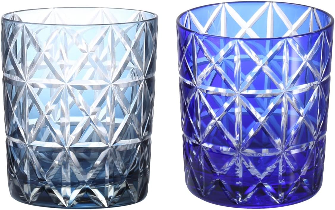 J-kitchens Retro Kiriko Pair Rock Glass Cup Φ3.1 x H3.5 inches (80 x 90 mm), 9.1 fl oz (280 cc), Rhombus Print, Ink Blue & Blue Current Model