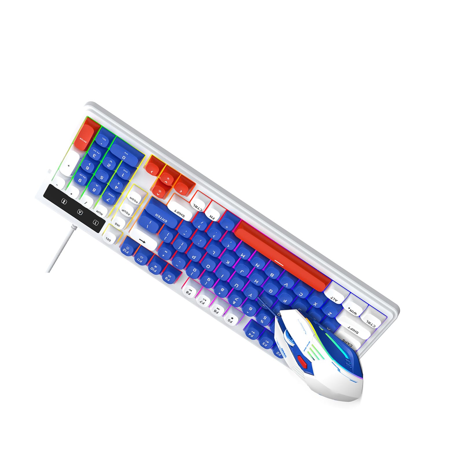 Irfora Podświetlana RGB Klawiatura do Gier i Mysz Combo Kompaktowy Układ Przewodowe Ciche Klawisze USB na PC 98SE/ME/2000/XP/Vista/7/10 dla Graczy (Biały Niebieski)