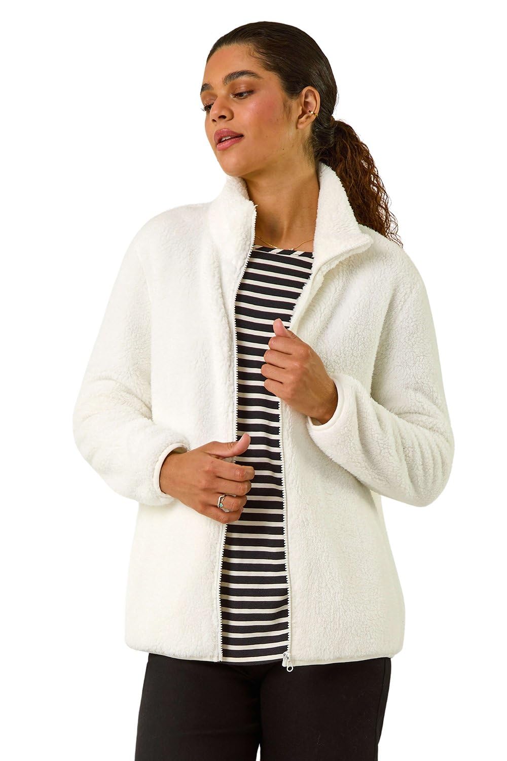 Roman Originals Soft Sherpa Fleece Jacket for Women UK - Ladies Autumn Everyday Winter Holiday Pull-On Comfy Soft Vacation Work Teddy Coat - White - Size M
