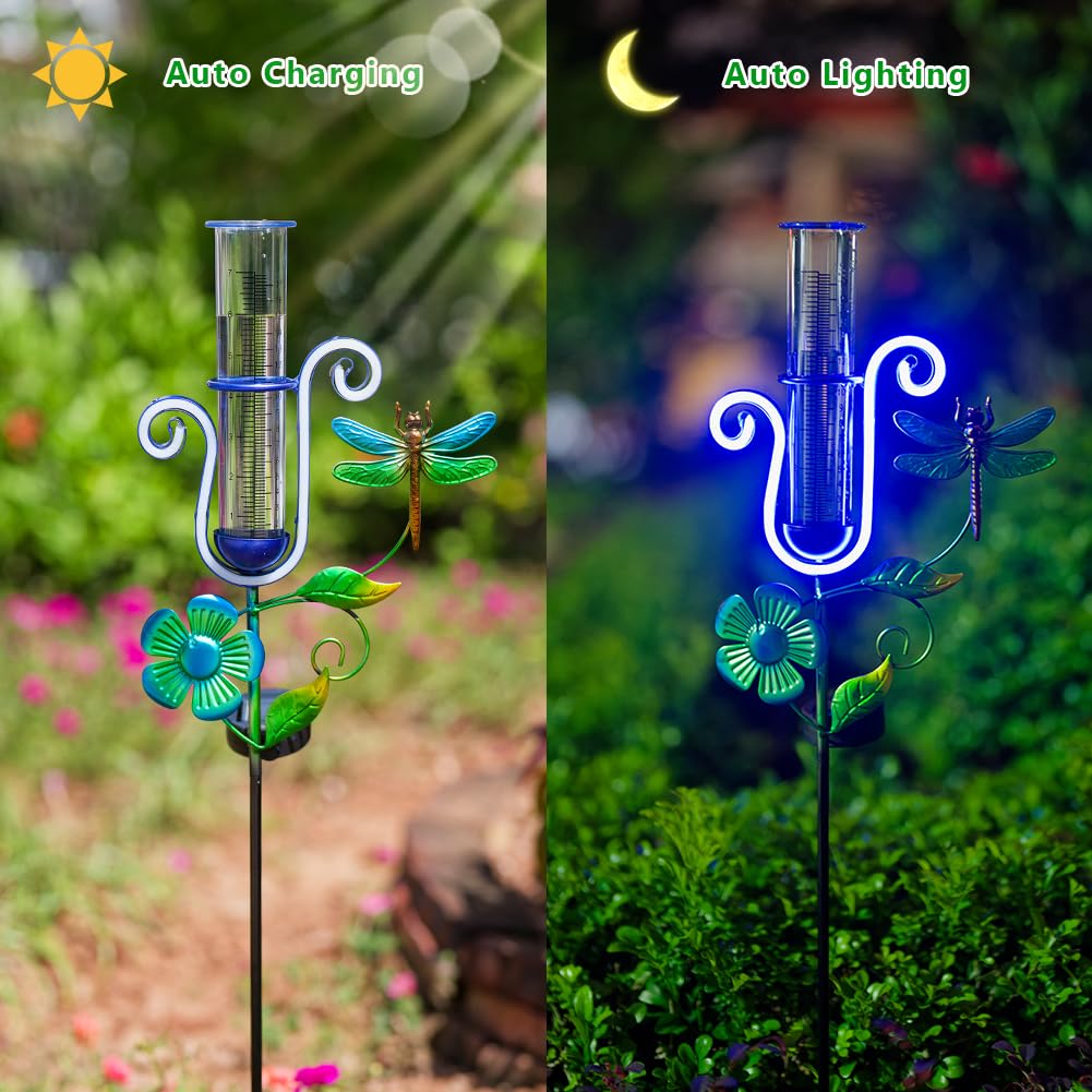 Pluviometro per esterni, pluviometro solare con luci al neon a LED, capacità 17,8 cm, antigelo, per patio, giardino, cortile, misurazione delle precipitazioni