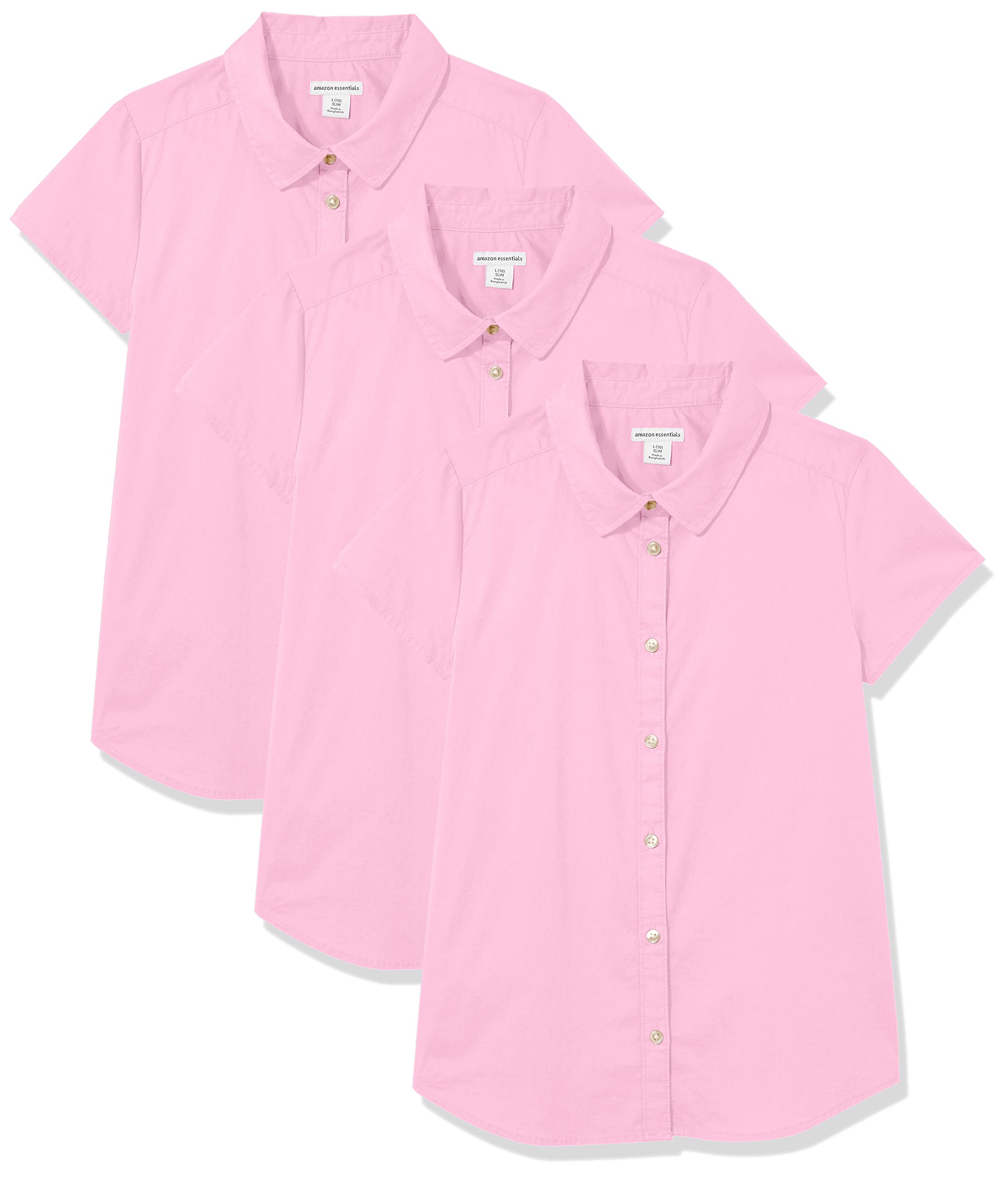 Amazon Essentials Camisas de Popelina elástica con Cuello Abotonado y Manga Corta para Uniforme Niña, Pack de 3