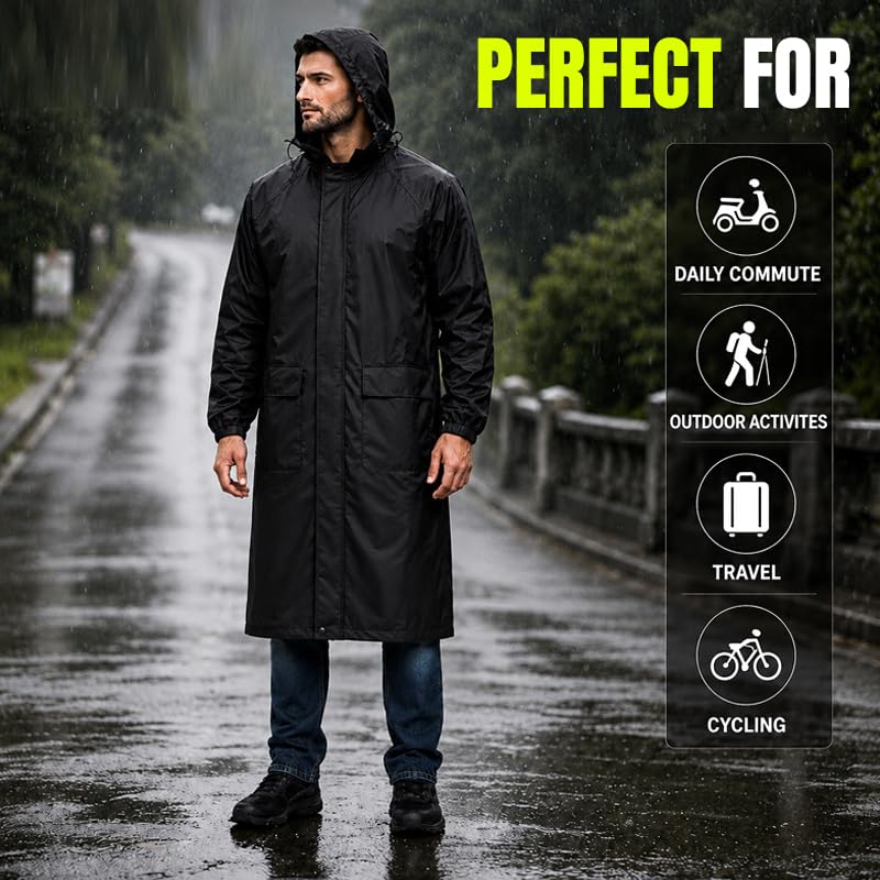 Image of Unisex Long Rain Coat, Black, Hooded, Water Resistant, Lightweight, for Outdoor Activities, Travel and Daily Commute (Pack of 1)