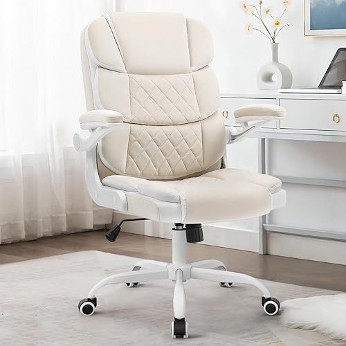 Silla de oficina en casa, sillas de escritorio de tela de terciopelo beige con ruedas y brazos abatibles, silla giratoria con ruedas para adultos y