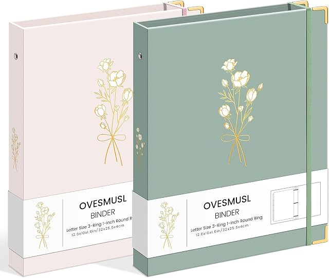 OVESMUSL Aesthetic 3 Ring Binder 1 Inch Set of 2, Decorative Hardcover Paper Binders for School, Office and Recipe Organizing, Fits 8.5 x 11 Letter Size, Sage Green and Pale Pink