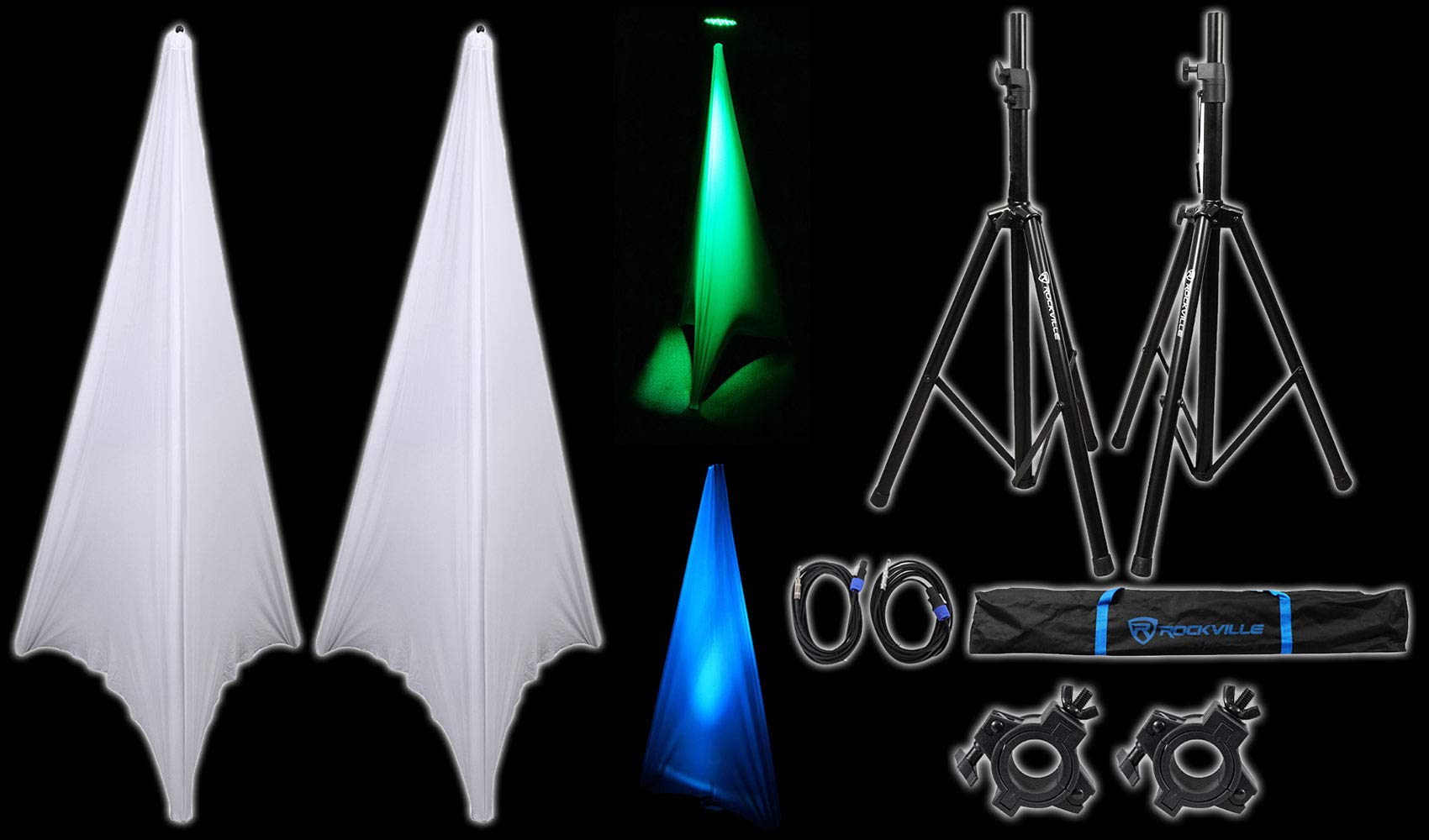 Audiosavings Bundle: (1) Pair of Rockville Tripod Speaker Lighting Stands Bundle with (2) Rockville RSC7W White Tripod Speaker & (2) American DJ O-Clamp/1.5 Wrap Around Truss Clamp (6 Items)