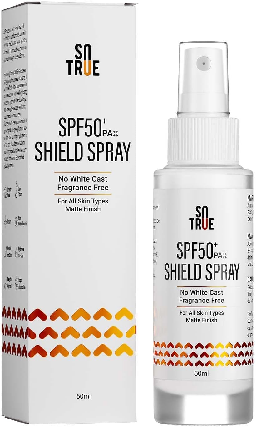 Sotrue SPF50+ Shield Spray Face & Body Fluid Sunscreen | Water Resistant With Zinc Oxide | No White Cast, No Added Fragrance | Fast Absorbing PA++++ Spray For All Skin Types, 50ml