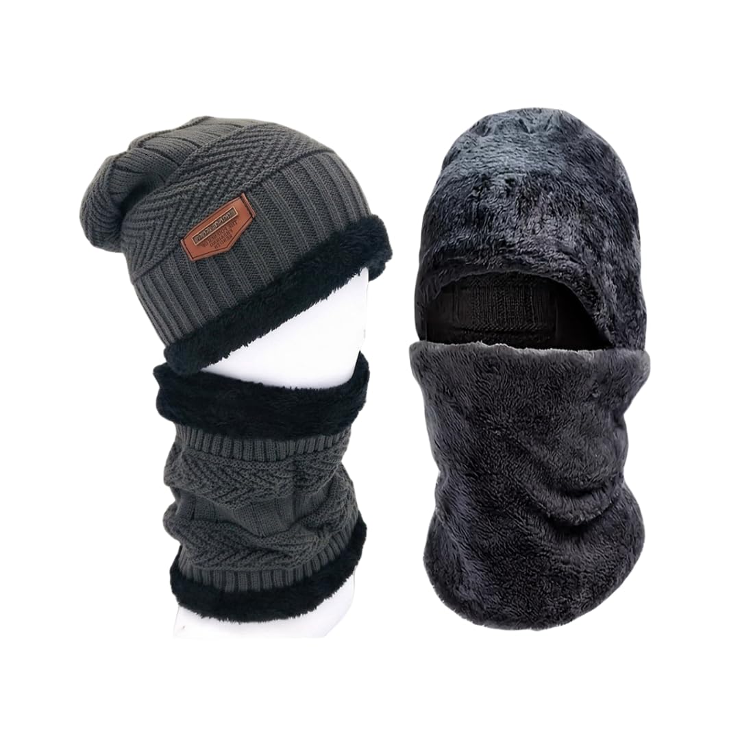 3PCS Children's Winter Hat Scarf Gloves Set 3-9 Years Boys and Girls Knitted Hooded Fleece Hat Warm Scarf (Grey)