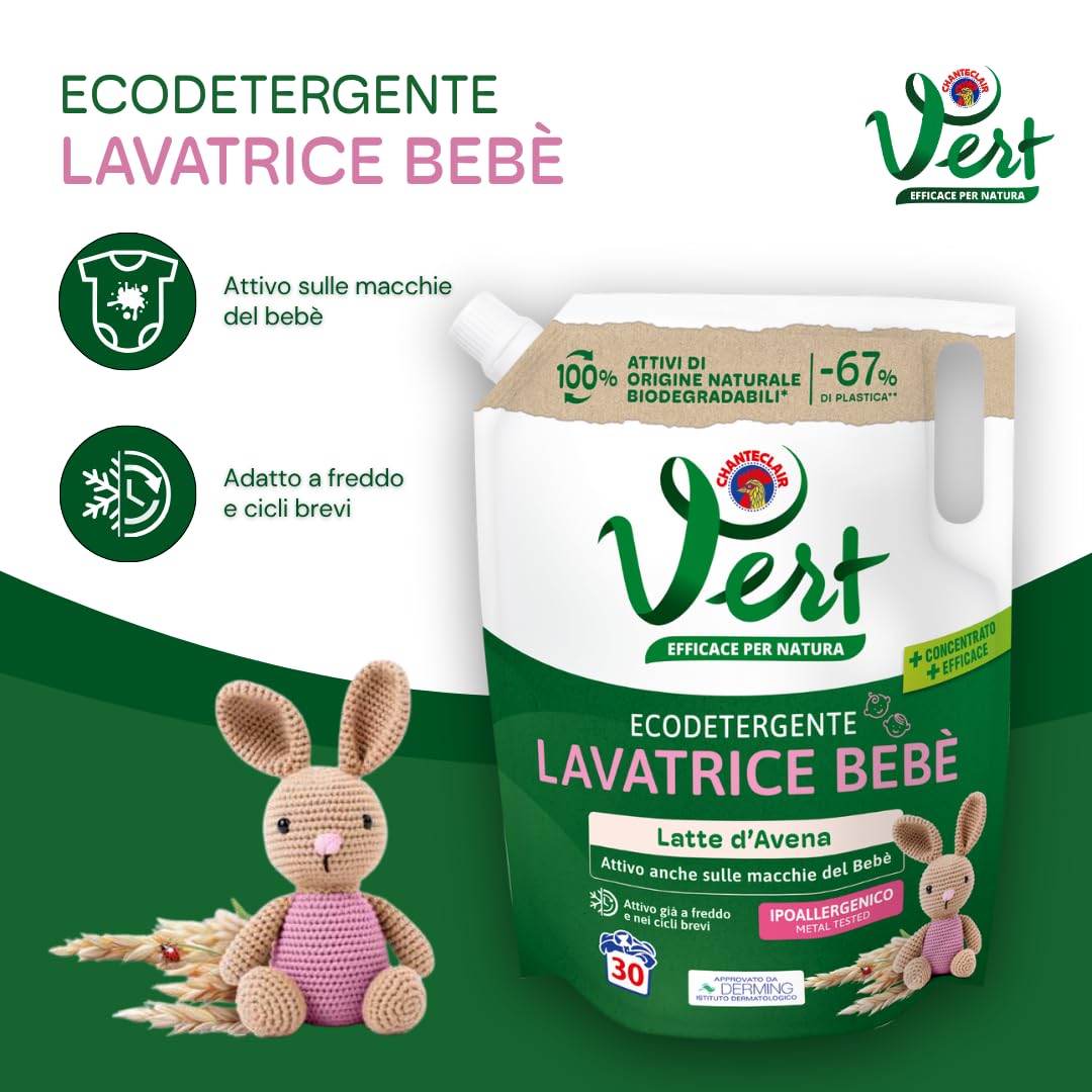 Vert - Ecodetergente Lavatrice Bebè - Fragranza Latte d'Avena, 100% Origine Naturale, Superefficace anche sulle Macchie del Bebé, Ipoallergenico, per Pelli Sensibili - Flacone da 1200 ml, 30 Lavaggi