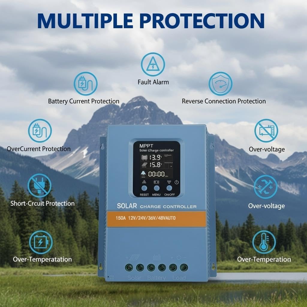 Solar Charge Controller 150A 12V 24V 36V 48V Intelligent Recognition LCD Display Battery Intelligent Regulator Maximum 100V Input Dual USB for Lead Acid/Lithium Battery (SA150A)