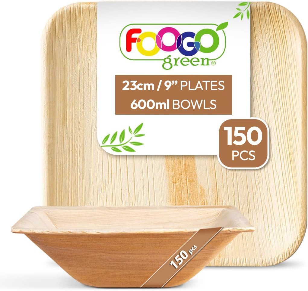 FOOGO Green 300pcs Disposable Palm Leaf Plates and Bowls, 150x Large Square Plates, 150x Bowls, Disposable Bamboo, Eco Friendly Biodegradable, Strong Paper Party Wedding, Picnic, Camping