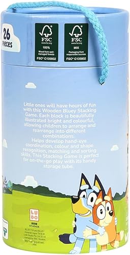 Miniatura 6 de Bluey Juego de apilamiento de madera - 25 piezas de construcción y equilibrio con personajes y palos en un tubo de almacenamiento - Certificado FSC