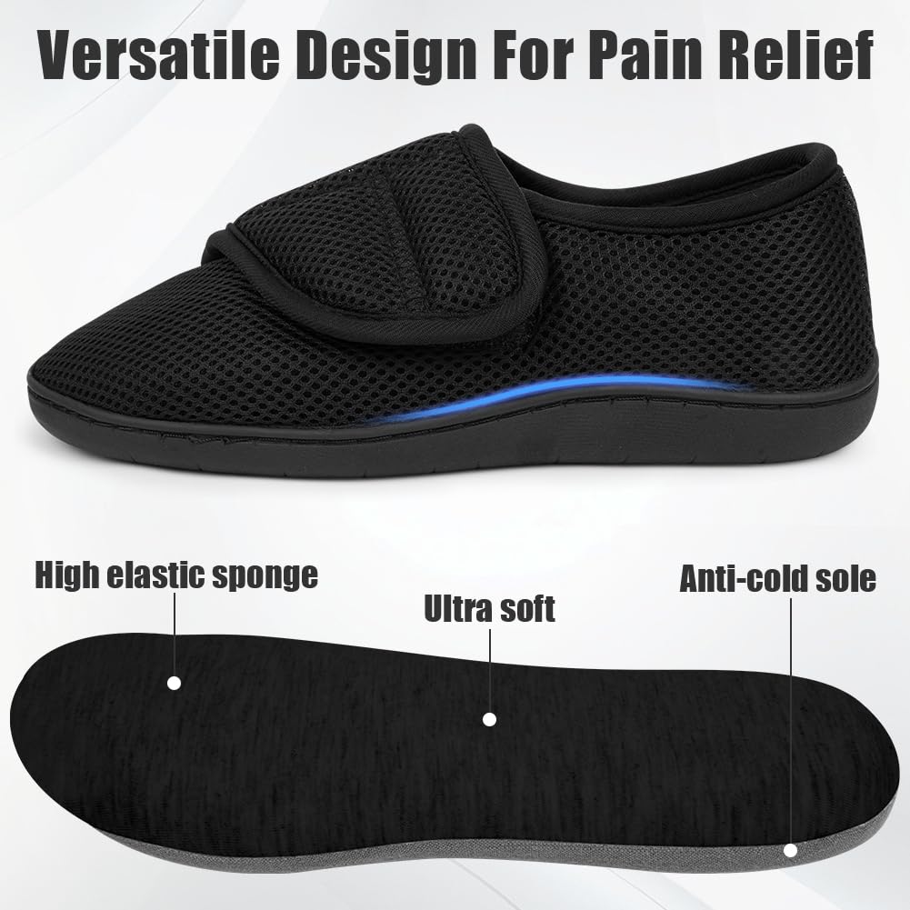 HOTUT Pantofola Uomo Elasticizzata con Strappo, Pantofole Uomo Estive Ciabatte da Anziani, Pantofole Casa con Strappo per Anziani, Diabetici e Piedi Delicati - Nero