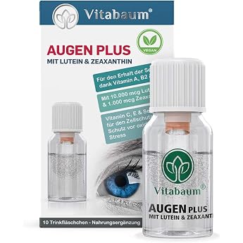 Vitabaum Augen Plus with 10000 mcg Lutein and 1000 mcg Zeaxanthin Vitamin A B2 Zinc for Preservation of Vision 10 x Drinking Bottles of 10 ml Vegan