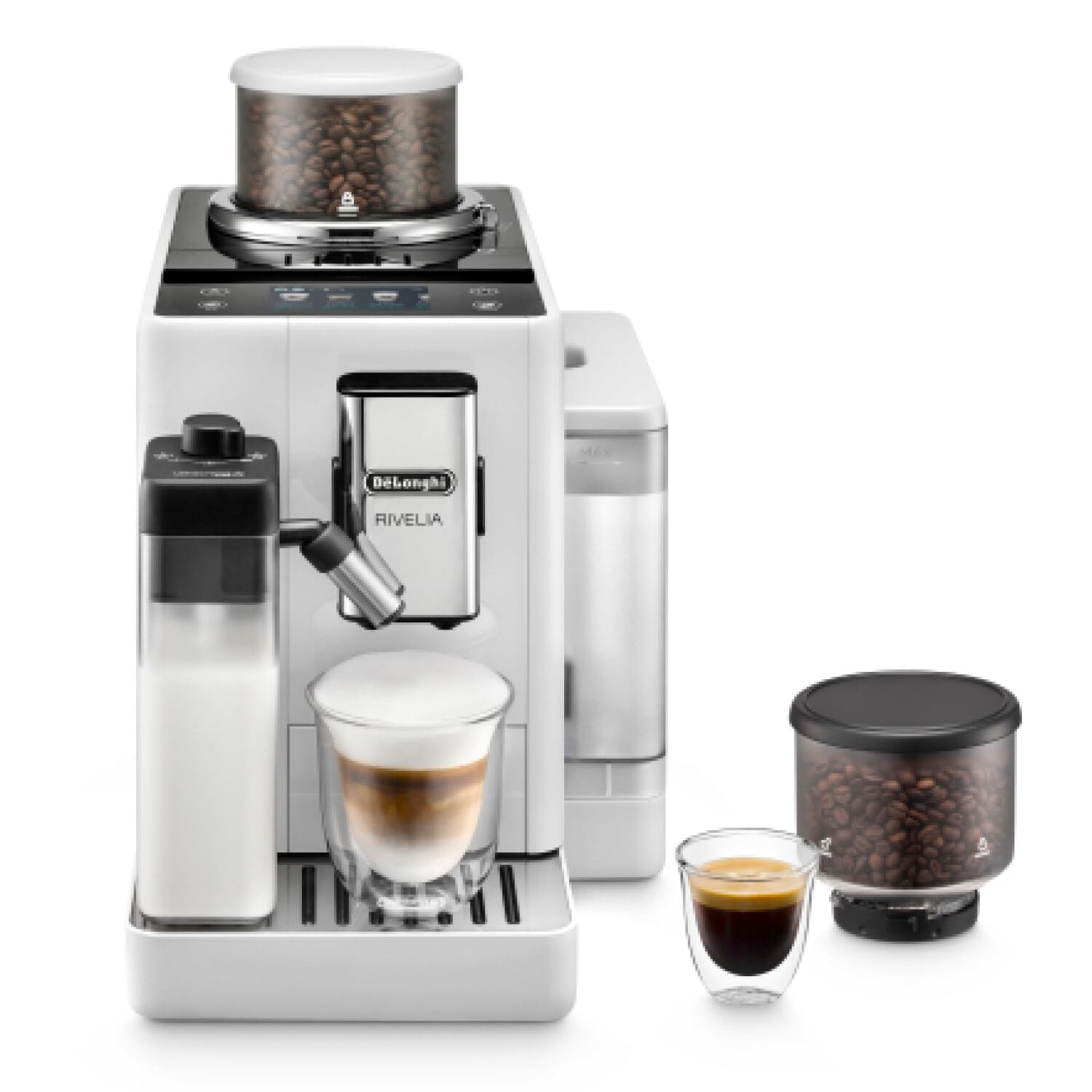 De'LonghiRivelia EXAM440.55.W, Fully Automatic Coffee Machine with LatteCrema Hot, Automatic Milk Frother, Compact Size Bean to Cup Coffee Machine, 16 Recipes, Touch Colored Display, Arctic White