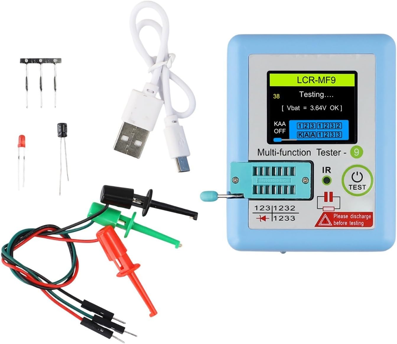 MF9 Transistor Tester with 1.8" TFT Display, Auto NPN PNP MOSFET Diode LCR Meter, 0.01Ω-50MΩ Resistance, Rechargeable Component Analyzer Electronic Repair, Blue