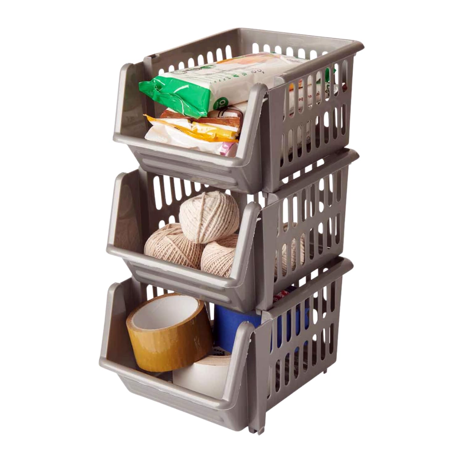 Vr7 Silver 18Cm Stacking Baskets Storage Veg Rack Set Of 3