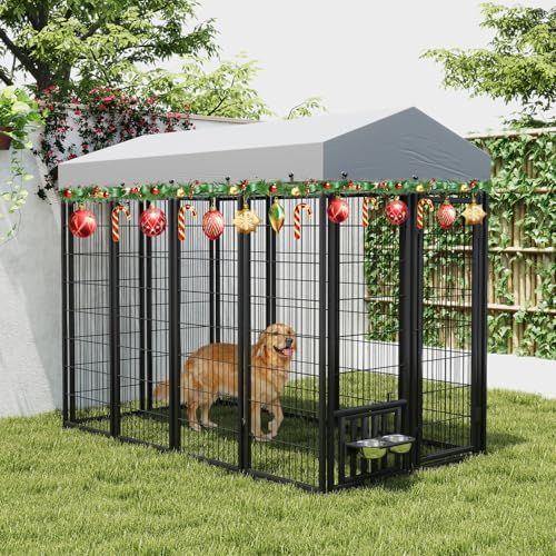 Rovibek Outdoor Dog Kennel with Roof, Dog Kennel Outside with Feeding Bowls, Dog Kennel Out-Side, Outdoor Enclosure with Waterproof & Sun-Resistant Roof, Covered Puppy Kennel for Yard
