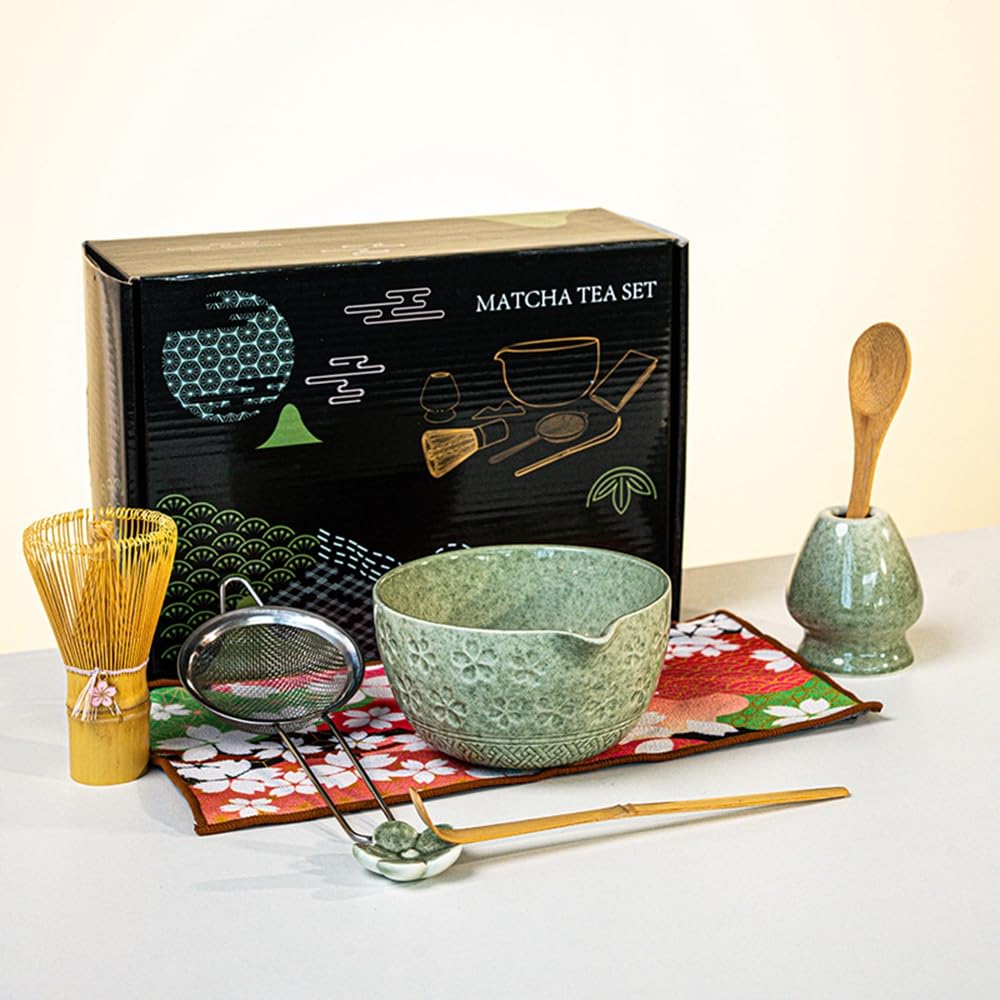 Juego de 8 batidores de matcha con caja de regalo negra, juego de kit de ceremonia de té tradicional japonés, juego de cuencos de cerámica esmaltada brillante para los amantes del té verde