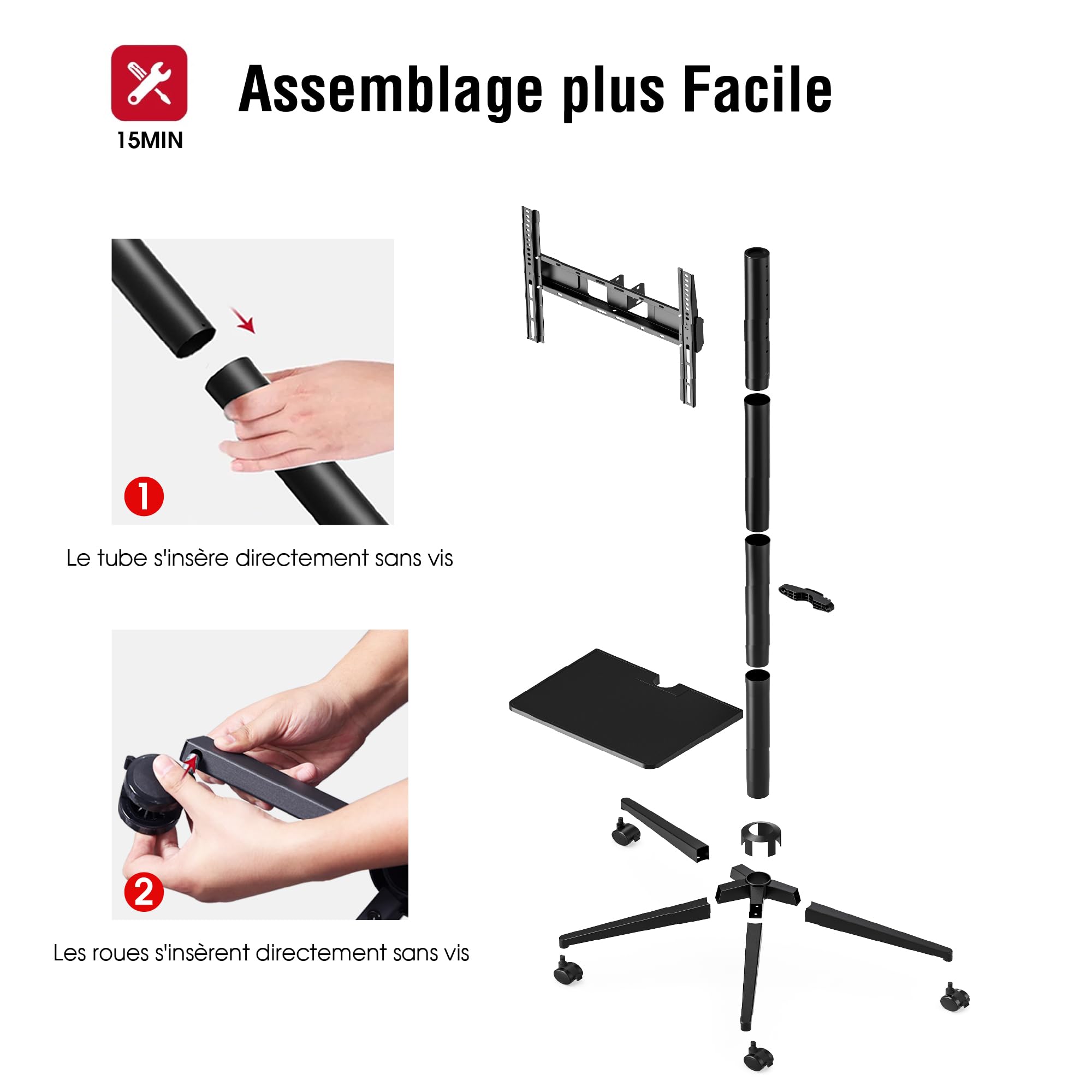 AOKCOS Support TV sur roulettes pour téléviseurs de 32-65 Pouces, Support TV sur Pied Réglable en Hauteur avec Etagère, Montage Ultra-Rapide, Max. Capacité 35 KG, Max. VESA 400x400mm