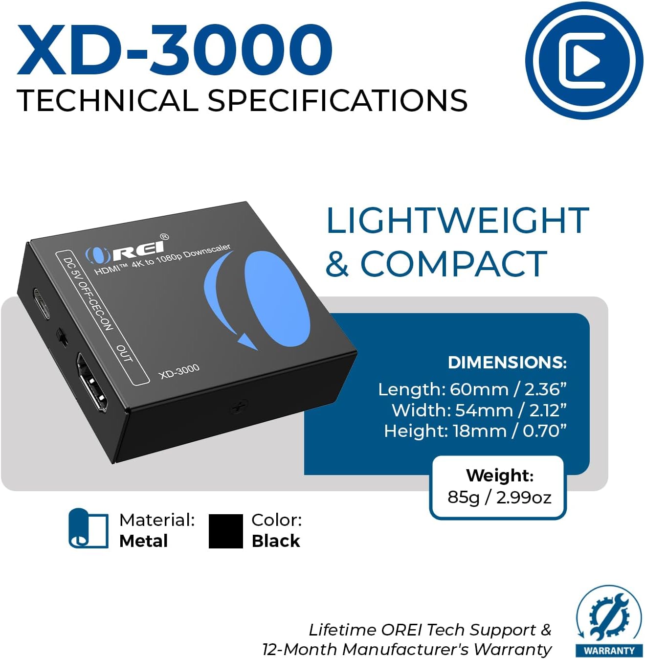 XD-3000 HDMI Downscaler – 18Gbps HDMI 2.0 Converter with 4K@60Hz (4:4:4), HDCP 2.2, EDID Management, CEC Block, USB-C Power