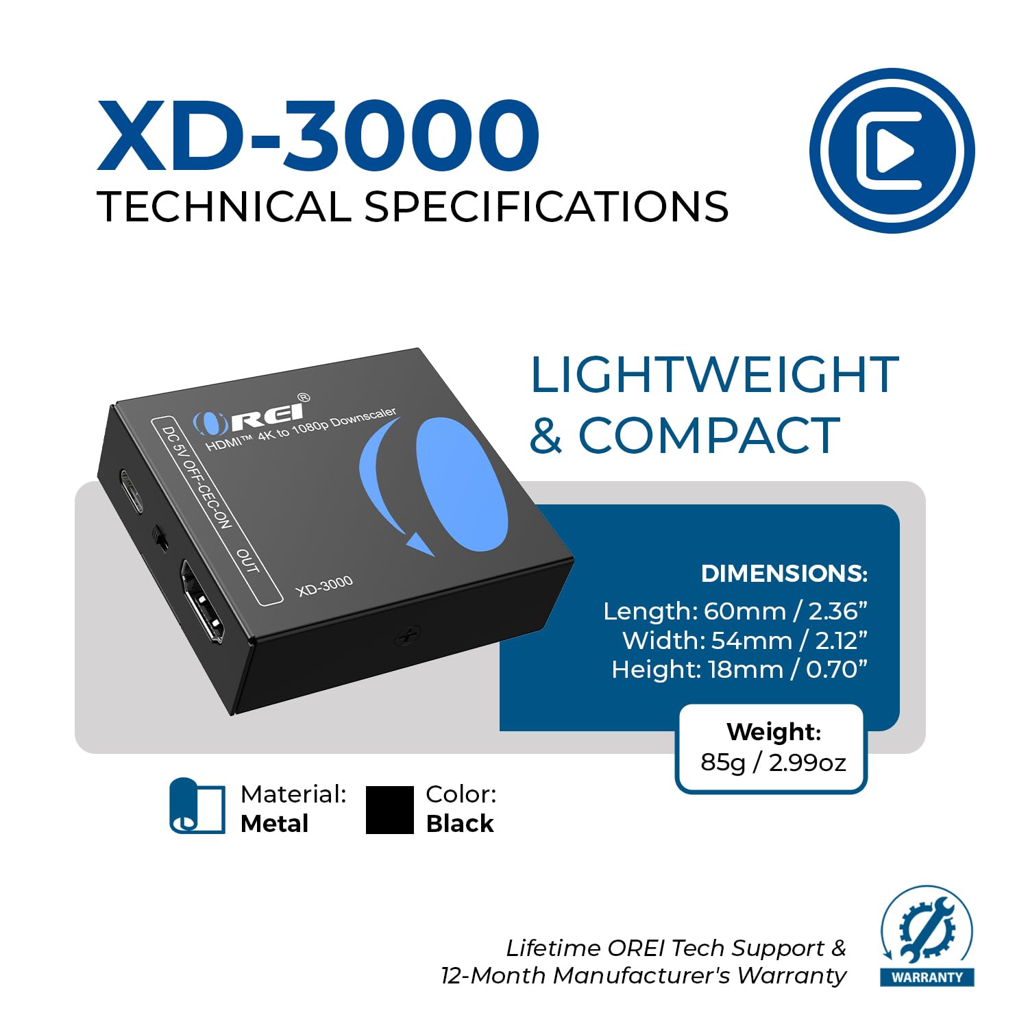 Downscaler HDMI XD-3000 - Convertitore HDMI 2.0 da 18 Gbps con 4K@60Hz (4:4:4), HDCP 2.2, gestione EDID, blocco CEC, alimentazione USB-C
