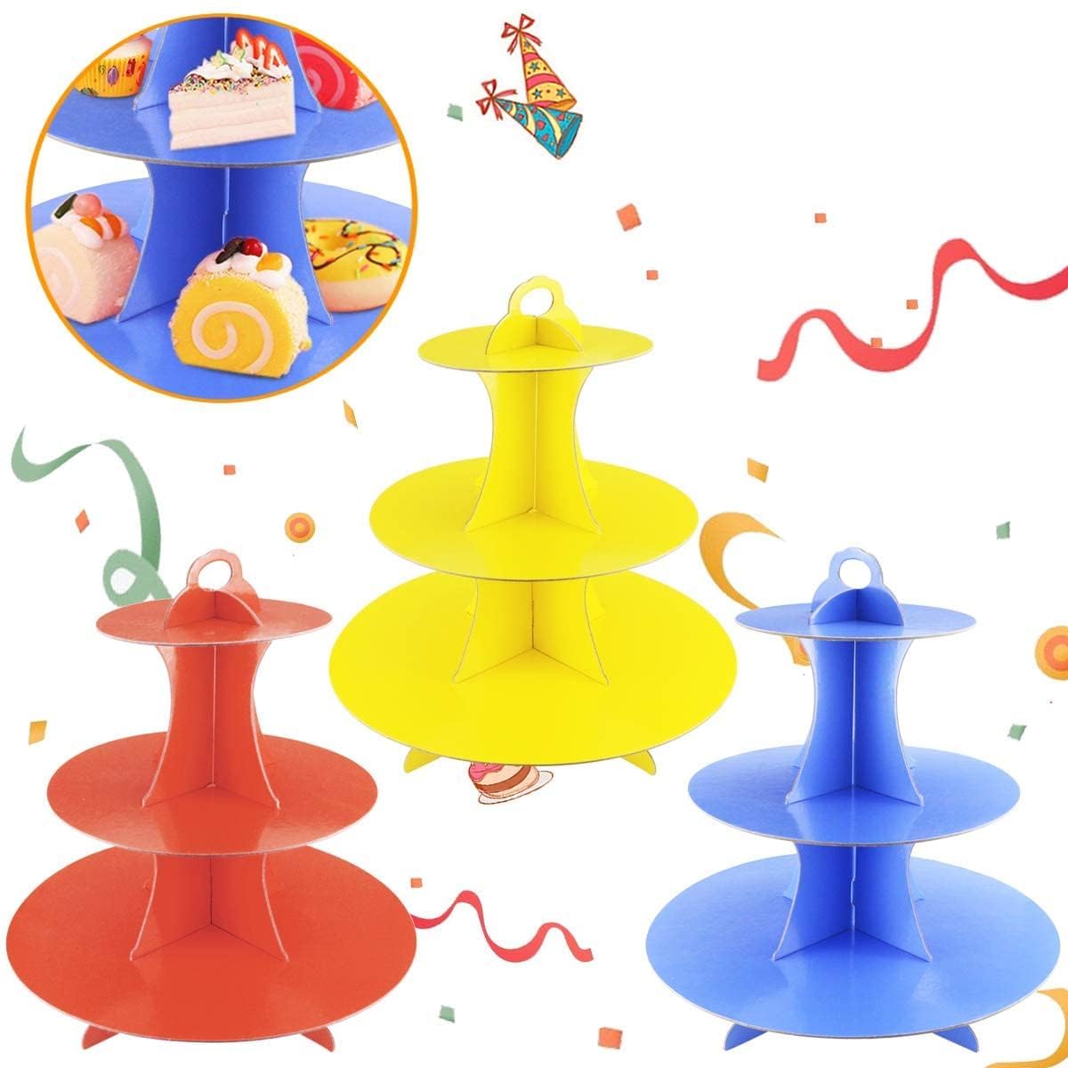 Soporte para pasteles de 3 niveles, redondo, de cartón, reutilizable, para servir pastelería, decoración de cumpleaños, bodas, eventos especiales