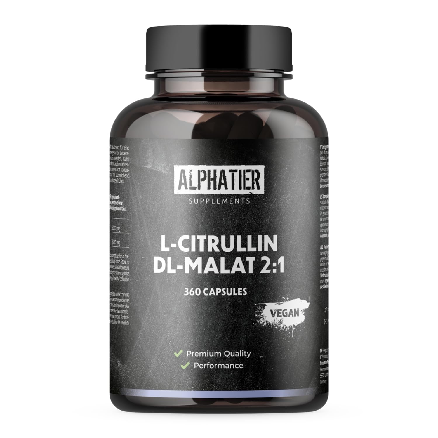 Alphatier L-Citrulline Malate Capsules - 360 Caps hautement dosées + végétalien - Champion L-Citrulline Malate DL 2:1 - Qualité Premium sans Additifs