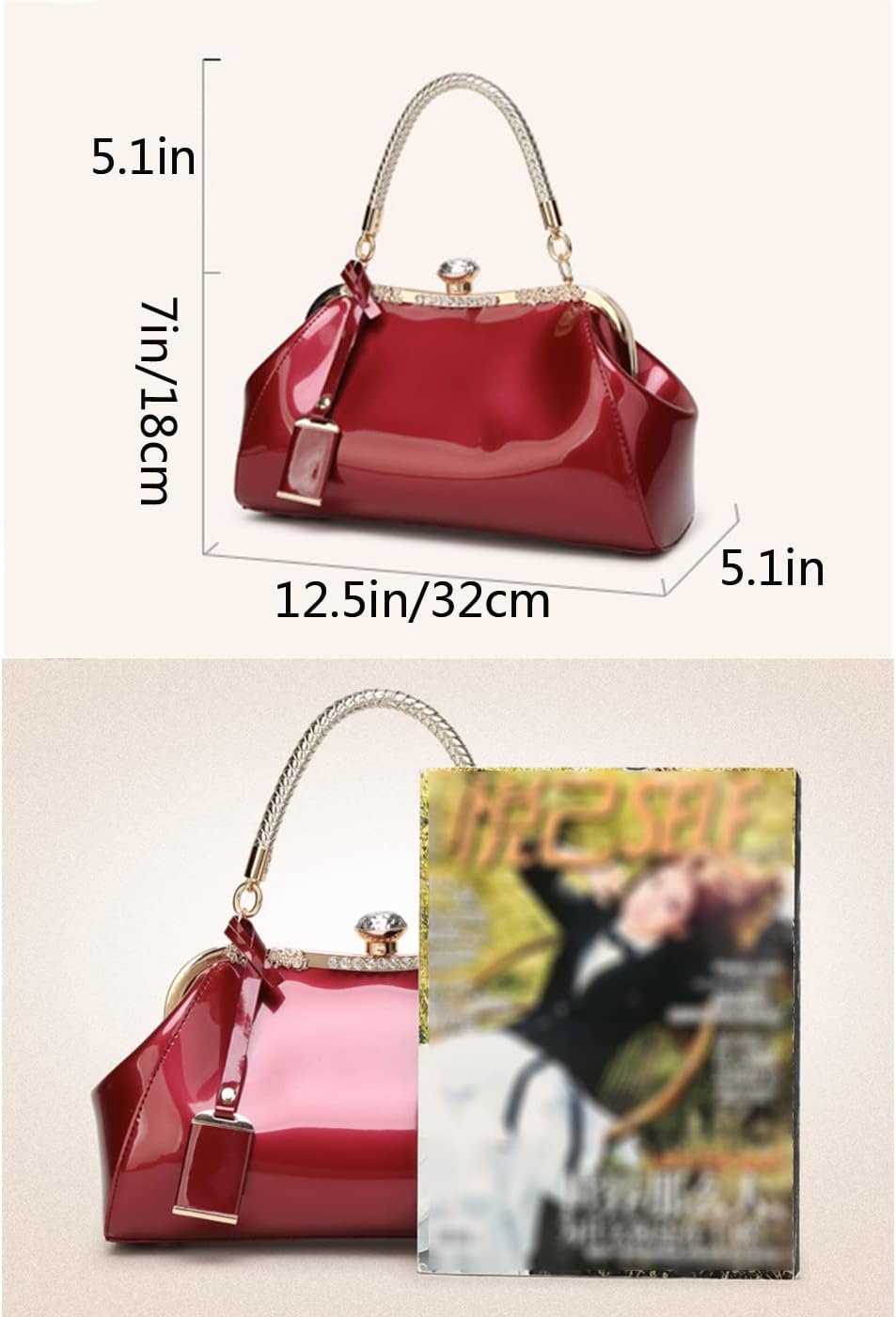 YAQUNICER Tote Bag Patent Leather Handbag for Women Top Handle Evening Bag Wedding Retro Purse