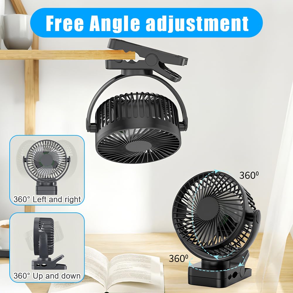 Ventilatore da campeggio, 12000 mAh, mini ventilatore USB, silenzioso, con telecomando e funzione timer, 3 velocità, rotazione a 360°, con luce a LED e ganci, per ufficio, casa, auto, camper
