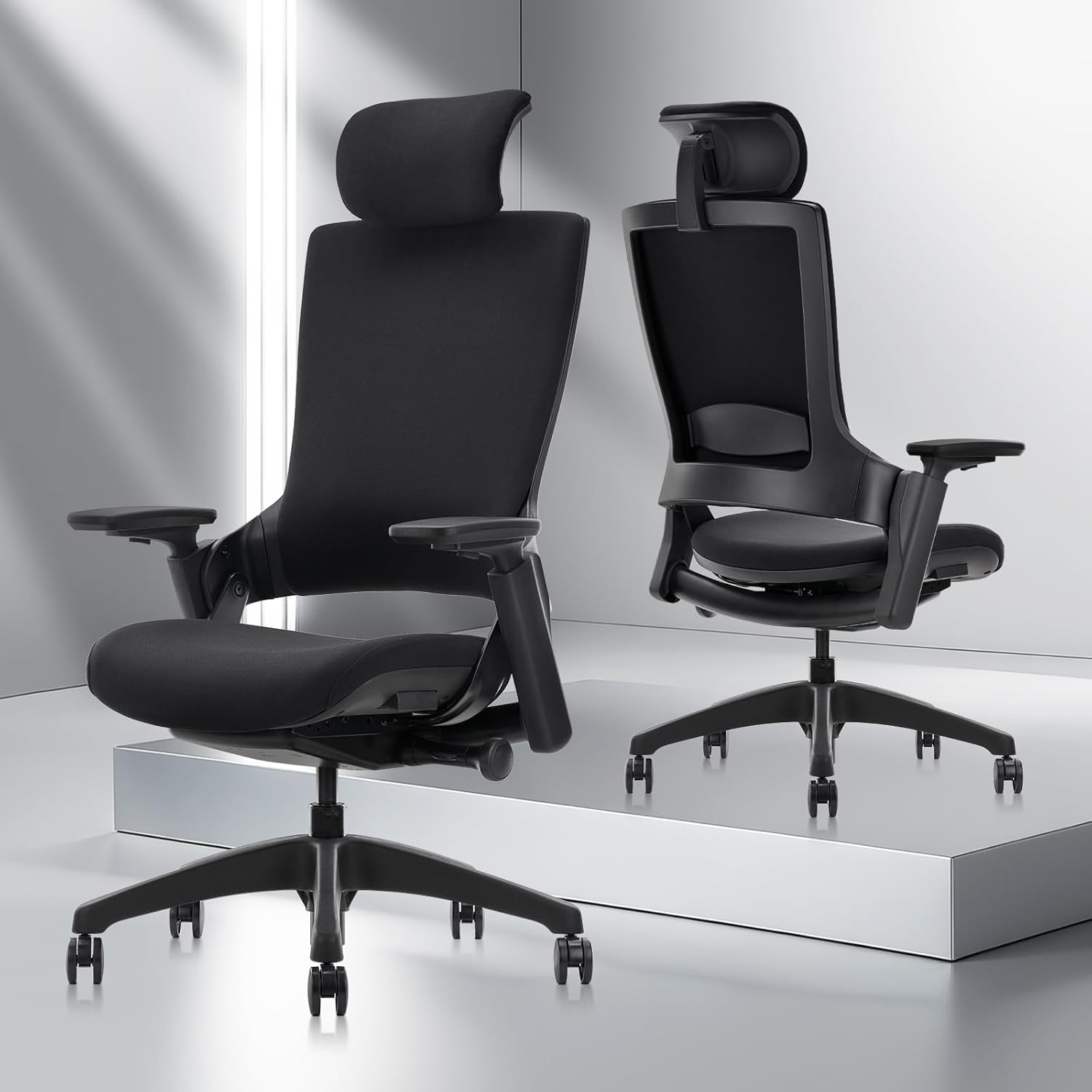 Diagram showing the ergonomic headrest adjustments, including 2.4 inches of vertical movement and 90 degrees of axis rotation.