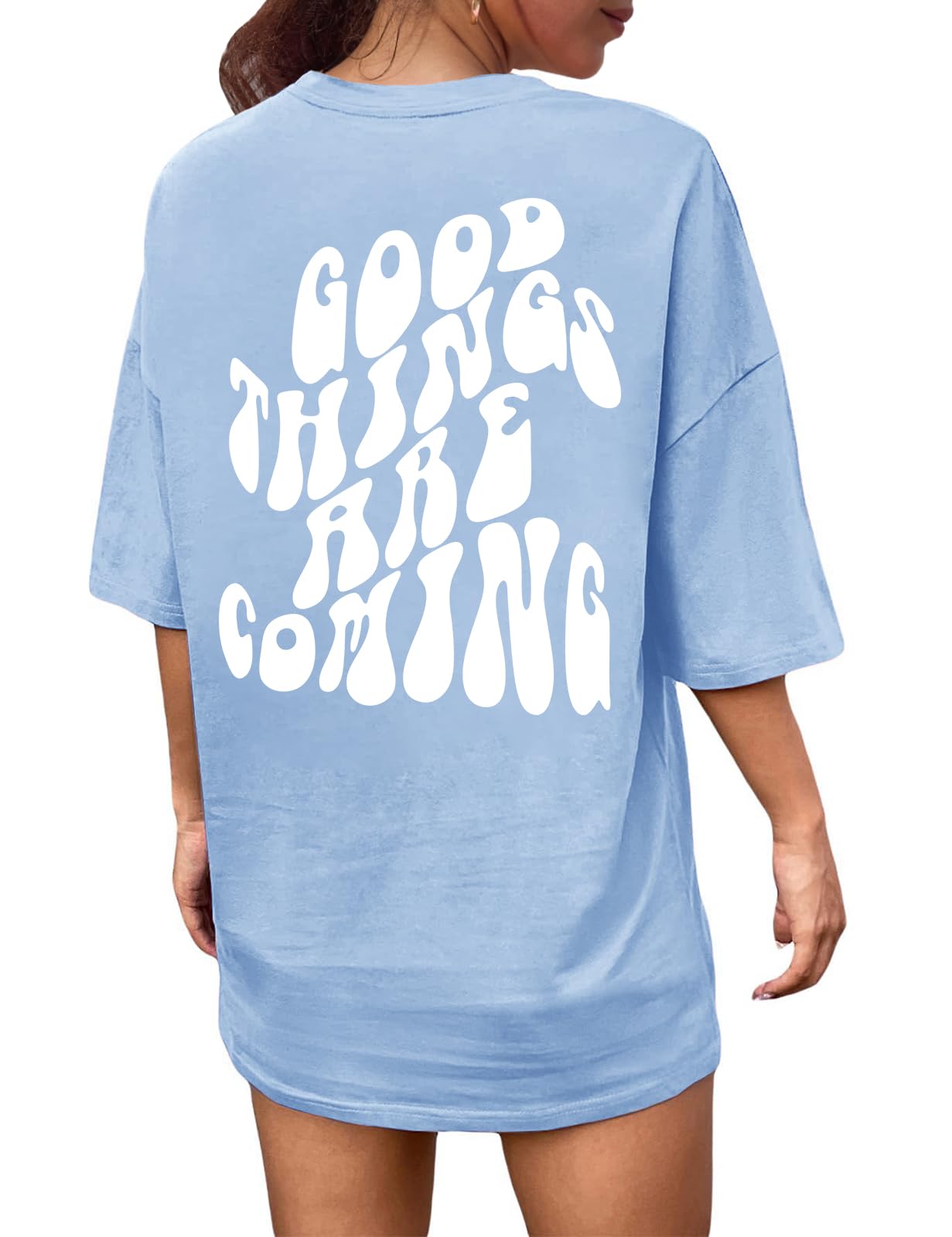 CMTOP Tee Shirt Femme Oversize Col Rond - Imprimé Visage Souriant Coton Décontracté