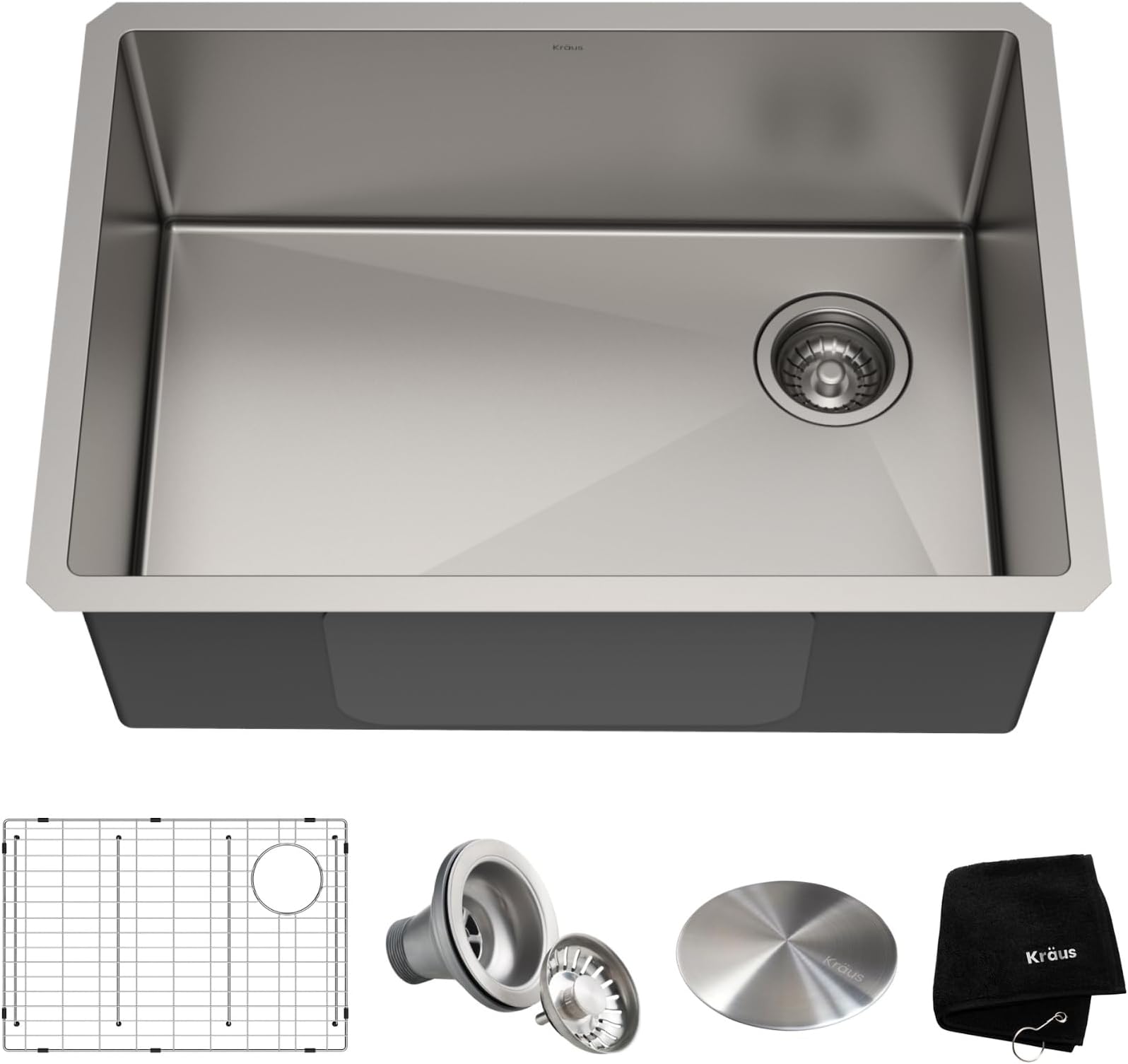 KHU110-27 Standart PRO 27-inch 16 Gauge Undermount Single Bowl Set (5 Item Bundle: Sink, Bottom Grid, Assembly, Drain Cap, Kitchen Towel), 27 Inch, Stainless Steel