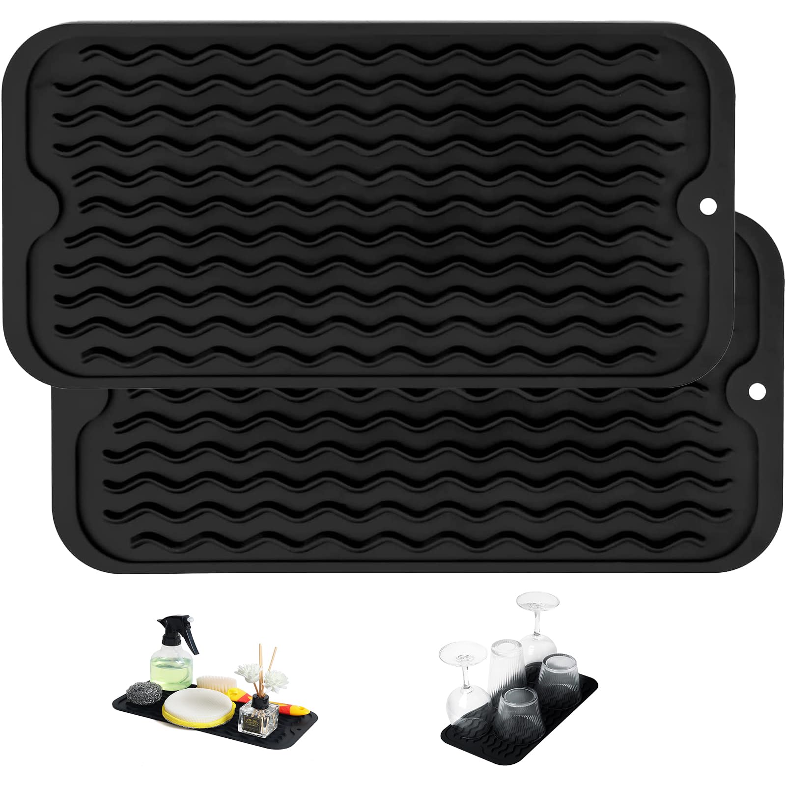 Joyzzz Silicone Dish Drying Mats, 2-Pack, Black, Rectangular, 30cm x 15cm, Solid Pattern, Easy Clean, Heat Resistant, Multi-Functional, Stylish Decor